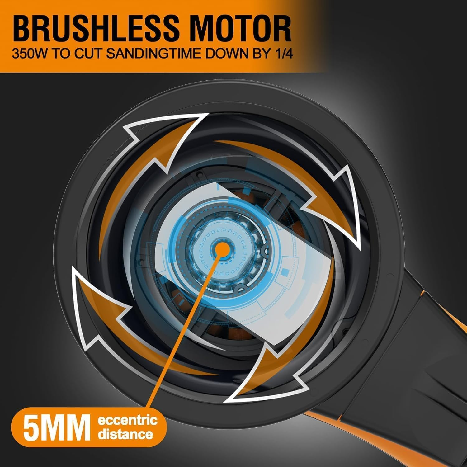 MAXXT 5Mm Orbit Random Orbital Sander - Electric Palm Sander with Brushless Motor, 5 & 6 Inch Sanding Pads, Central Vacuum - Ideal for Woodworking, Wood & Panel Processing (Orange) image number 3