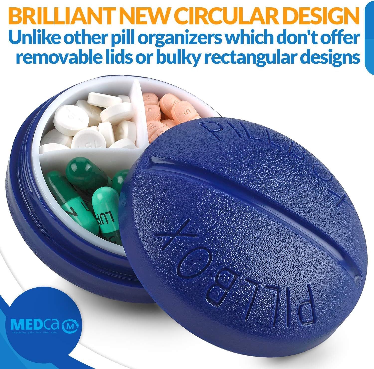 Small Pill Boxes - Pack of 2 - Mini Compact round Portable 4 Compartment Travel Pills Case Organizer, Vitamin and Medication Dispenser Holder for up to 4 Times a Day, BPA Free Pill Reminder image number 5