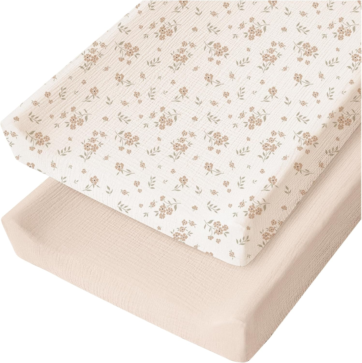 Konssy Muslin Changing Pad Cover for Baby Girls Boys, 100% Cotton Fitted Diaper Chang Table Covers, Soft Breathable Changing Pad Sheets, 2 Pack (Blossom, Cream)