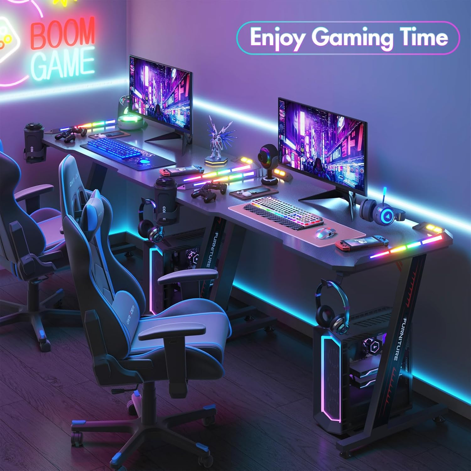 ADVWIN Black Gaming Desk 120Cm LED Gaming Workstation with RGB Light Z Shaped Computer Desk Pc Desk with Carbon Fiber Surface Cup Holder & Headphone Hook image number 3