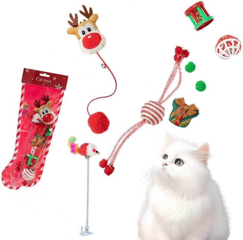 Mumoo Cat Christmas Stocking Cat Toys,7 Pcs Christmas Interactive Cat Toys Set for Christmas Cats Gift with Squeaky Toys, Balls, Cat Teaser Toys（Elk 6 PCS）