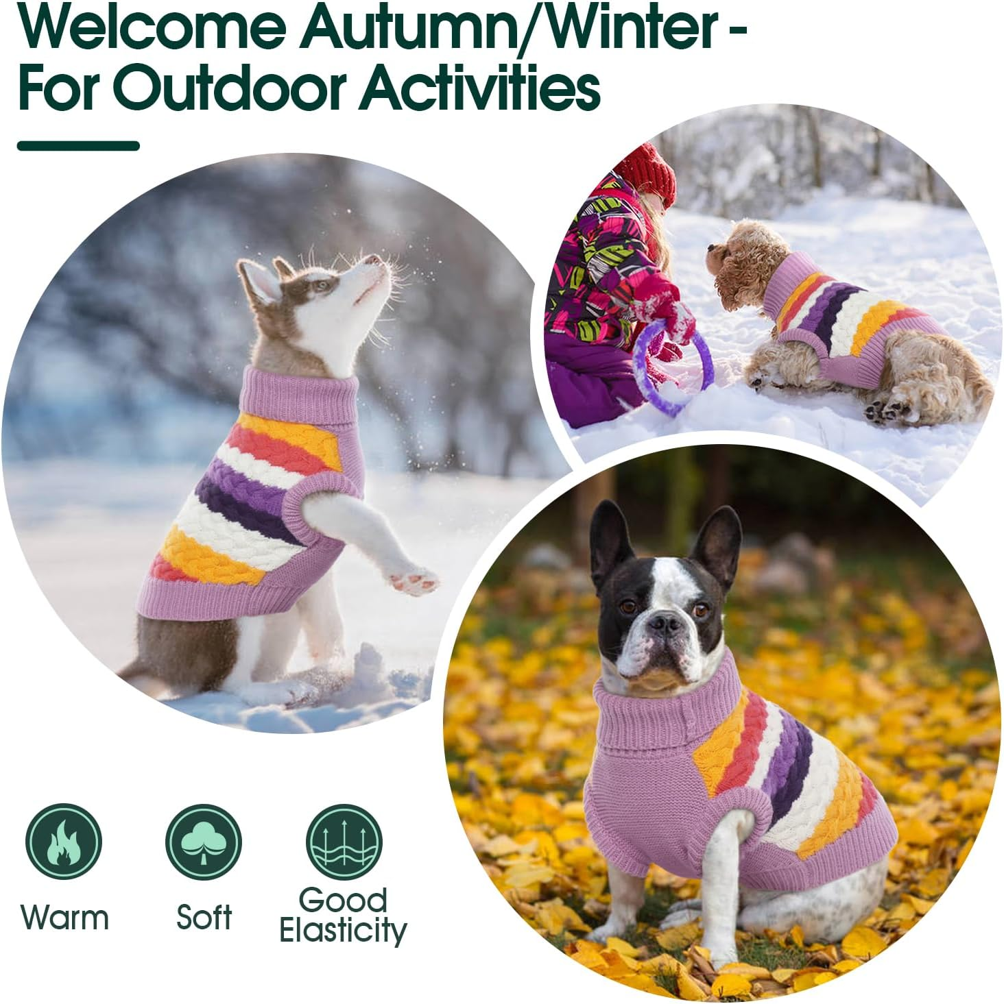 Kuoser Dog Sweater Dog Jumper, Large Dog Sweaters for Girls Boys, Thick Dog Fall Winter Sweater Cable Knitwear, Pet Sweatshirt Dog Warm Clothes Turtleneck Pullover, Purlple L