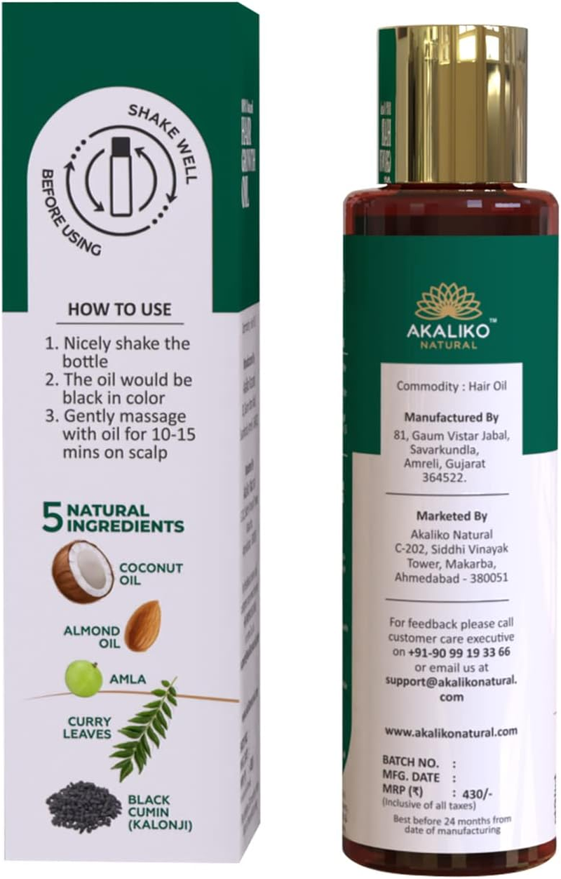 AKALIKO NATURAL Hair Growth Oil for Hair Fall Control & Growth | Repairs Damage & Hair Thinning | 5 Natural Ingredients - Black Cumins, Avla, Coconut, Almonds, Curry Leaves for Men & Women - (120Ml) image number 5