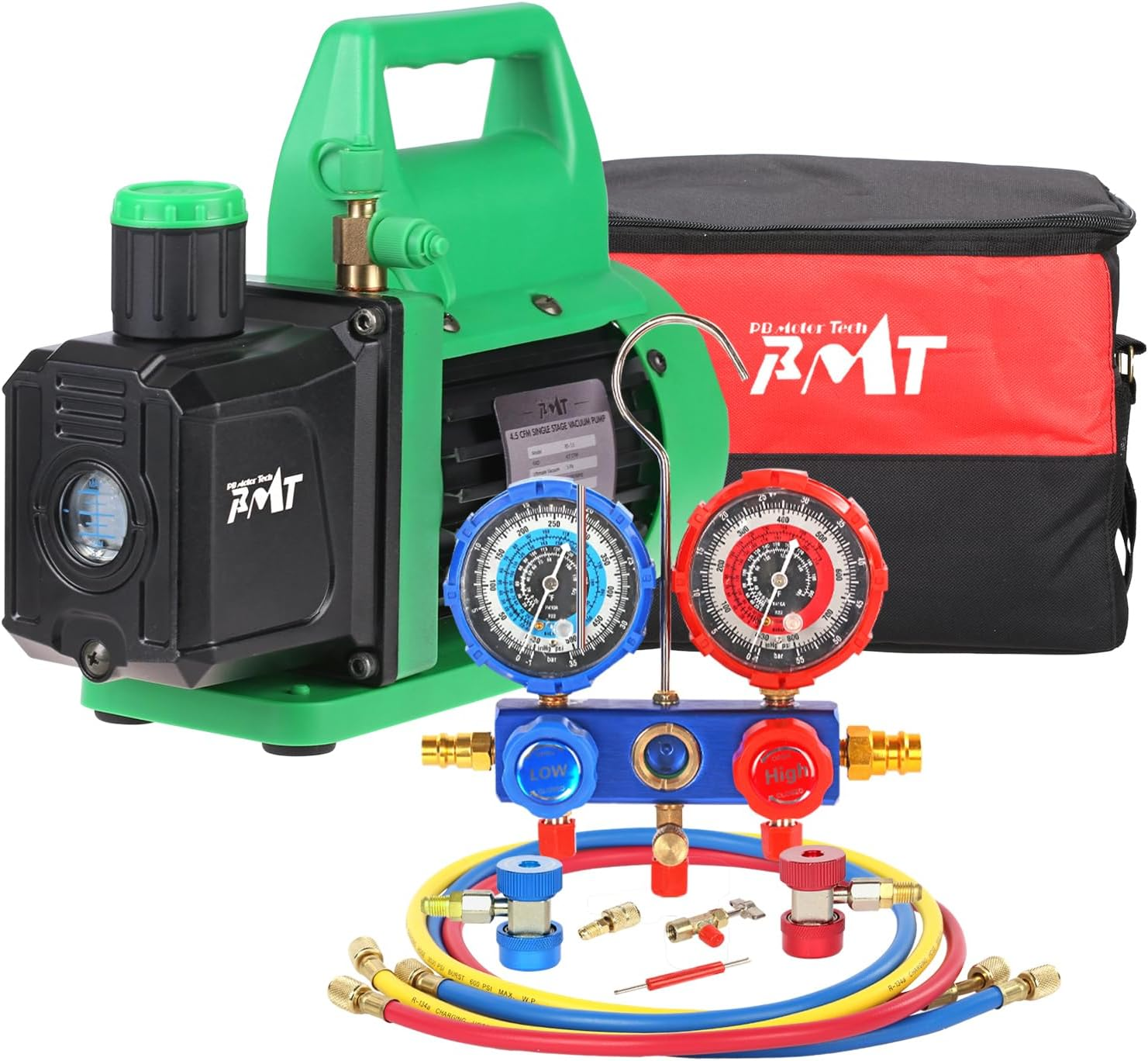 PB Motor Tech Vacuum Pump Set, 4.5 CFM Pump with Aluminum Manifold Gauge, Quick Couplers, 410 Adapter, Can Tap Valve Core Tool & Carrying Tote, for R134A, R410A, R22, R404A Refrigerants image number 6