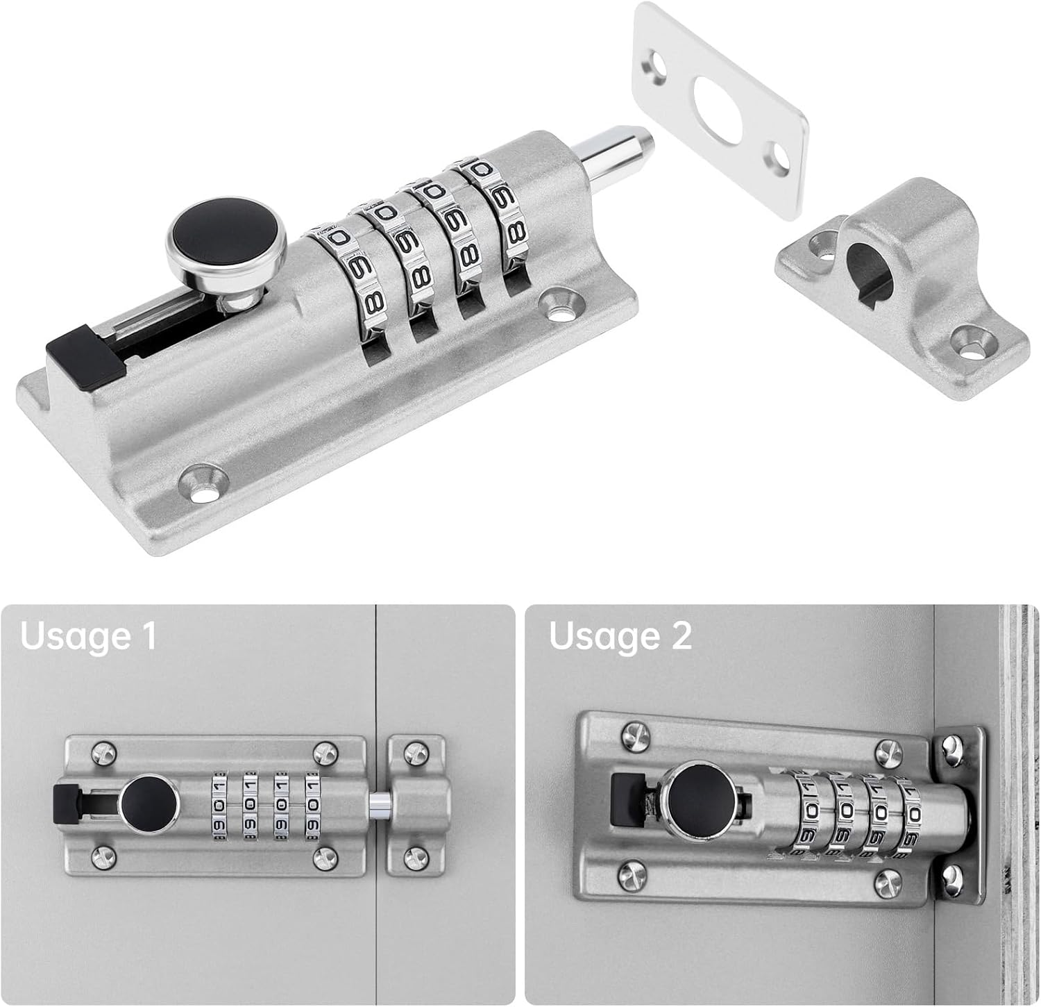 HOJLKLD Combination Lock, 4 Digit Zinc Alloy Slide Bolt Lock, Keyless Door Security Lock for Shed, Gate, Fences (Silver) image number 5
