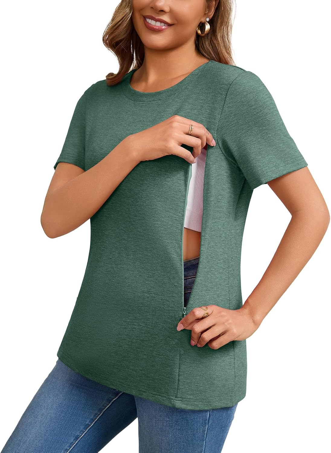 GINKANA Women'S Nursing Shirts Short Sleeve Breastfeeding Tshirt with Hidden Zippers Loose Fit Nursing Tops image number 4