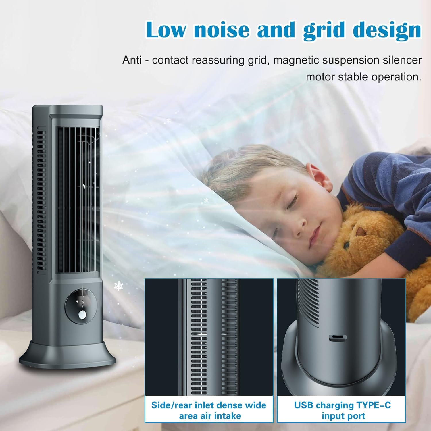 Tower Fan, Bladeless Fan Can Stand or Lie Down, Standing Fan USB-C Rechargeable, Three-Speed Wind, Portable Tower Fan for Indoor Home Room Bedroom Office Use image number 5