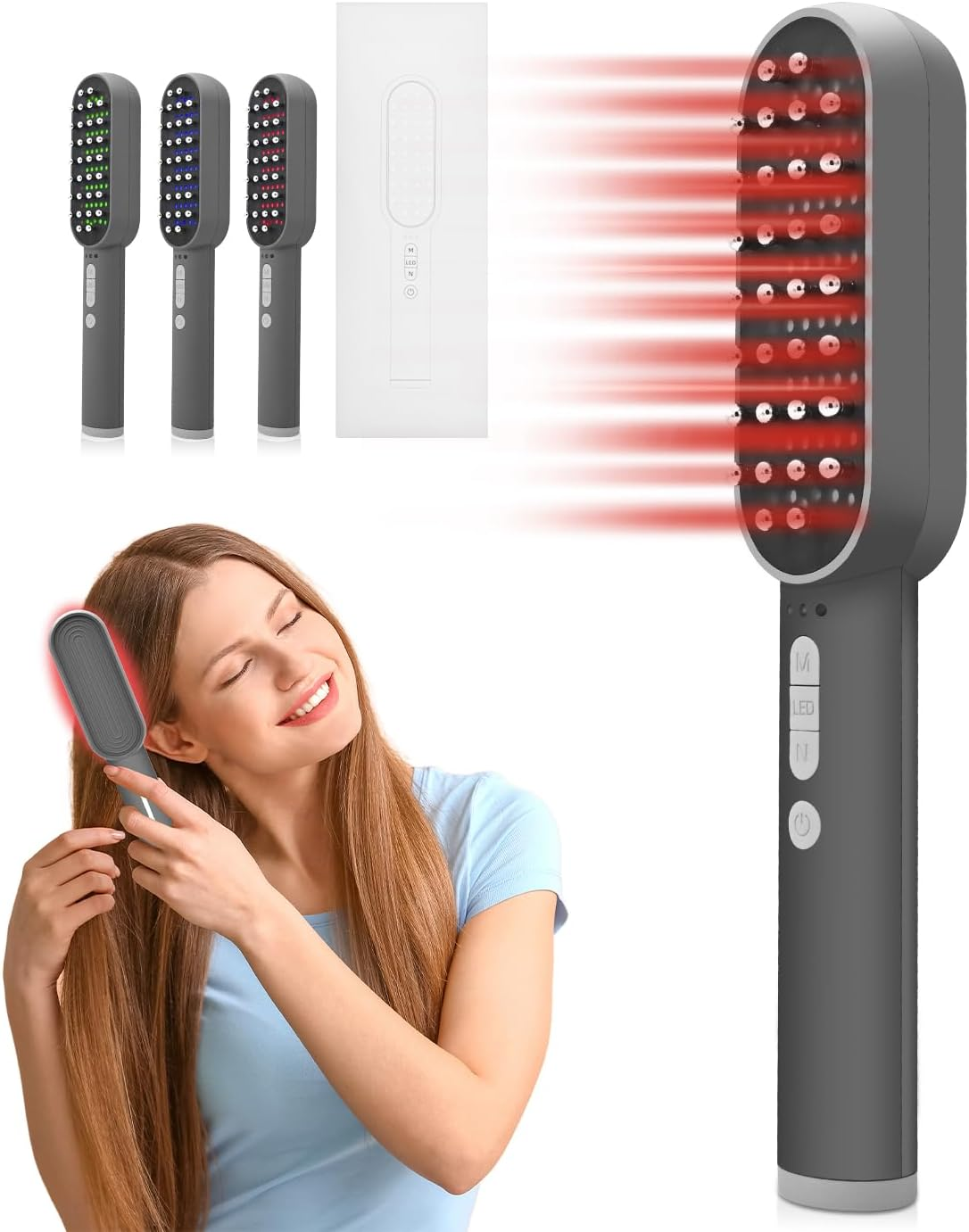 Red Light Hair Comb - Quadruple Light Therapy with 630Nm, 850Nm and 460Nm Three Wavelengths, Scalp Massage & RF Stimulation, Rechargeable Hair Growth Brush image number 6