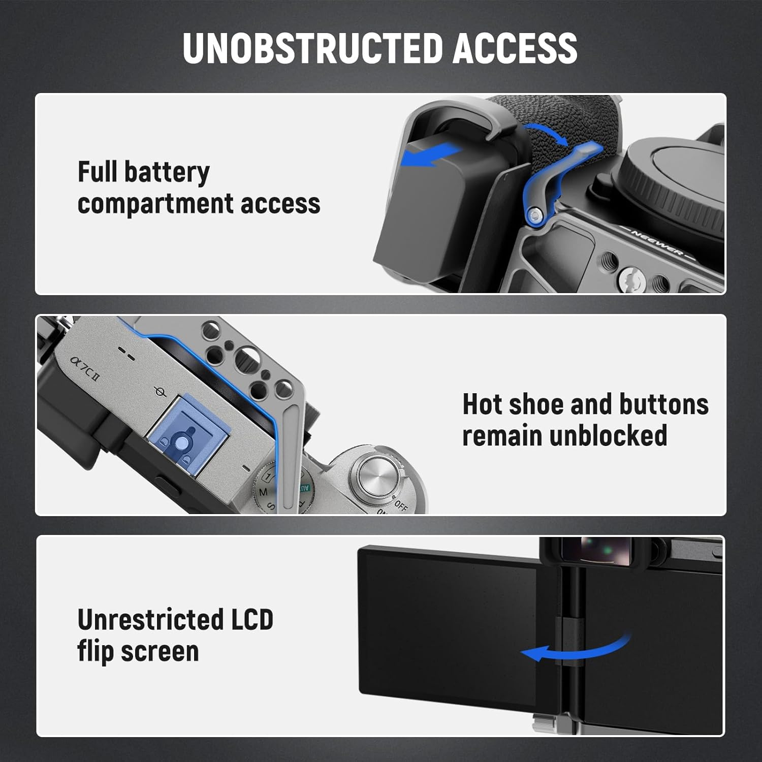 NEEWER A7C II A7CR Camera Cage, Aluminum Video Rig with QR Base Arca Type anti Slip Compatible with Sony DJI RS Gimbal, HDMI Cable Clamp, NATO Rail, Cold Shoe 3/8" ARRI 1/4" Thread, CA050 Silver