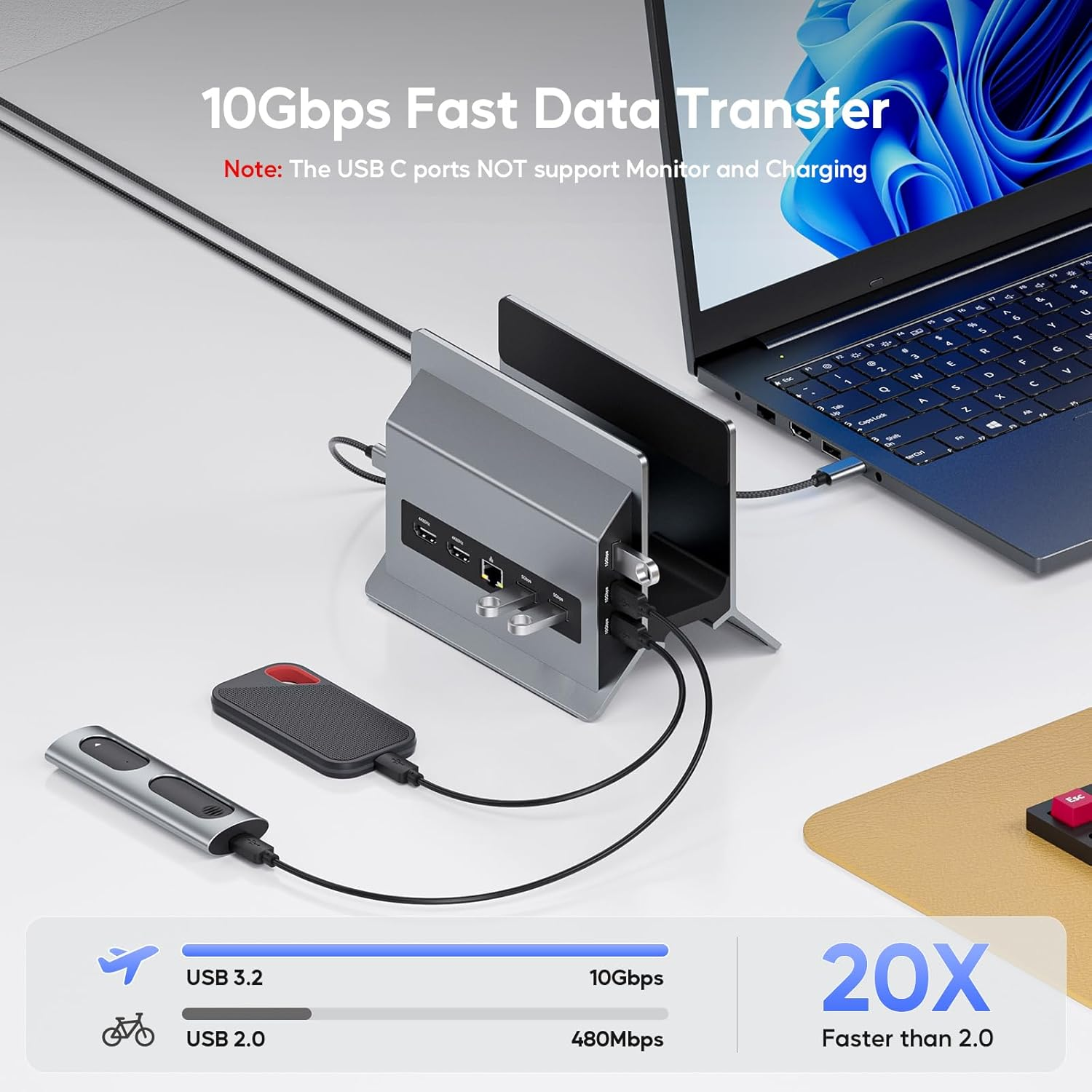 PULWTOP Laptop Docking Station Dual Monitor, 11 in 1 Vertical USB C Dock Stand with 2 HDMI 4K 60Hz, 3 USB A/C 10Gbps, 2 USBA 5Gbps, USB-A 2.0, Ethernet, PD Docking Station for Type-C Laptops (Grey) - Black image number 6