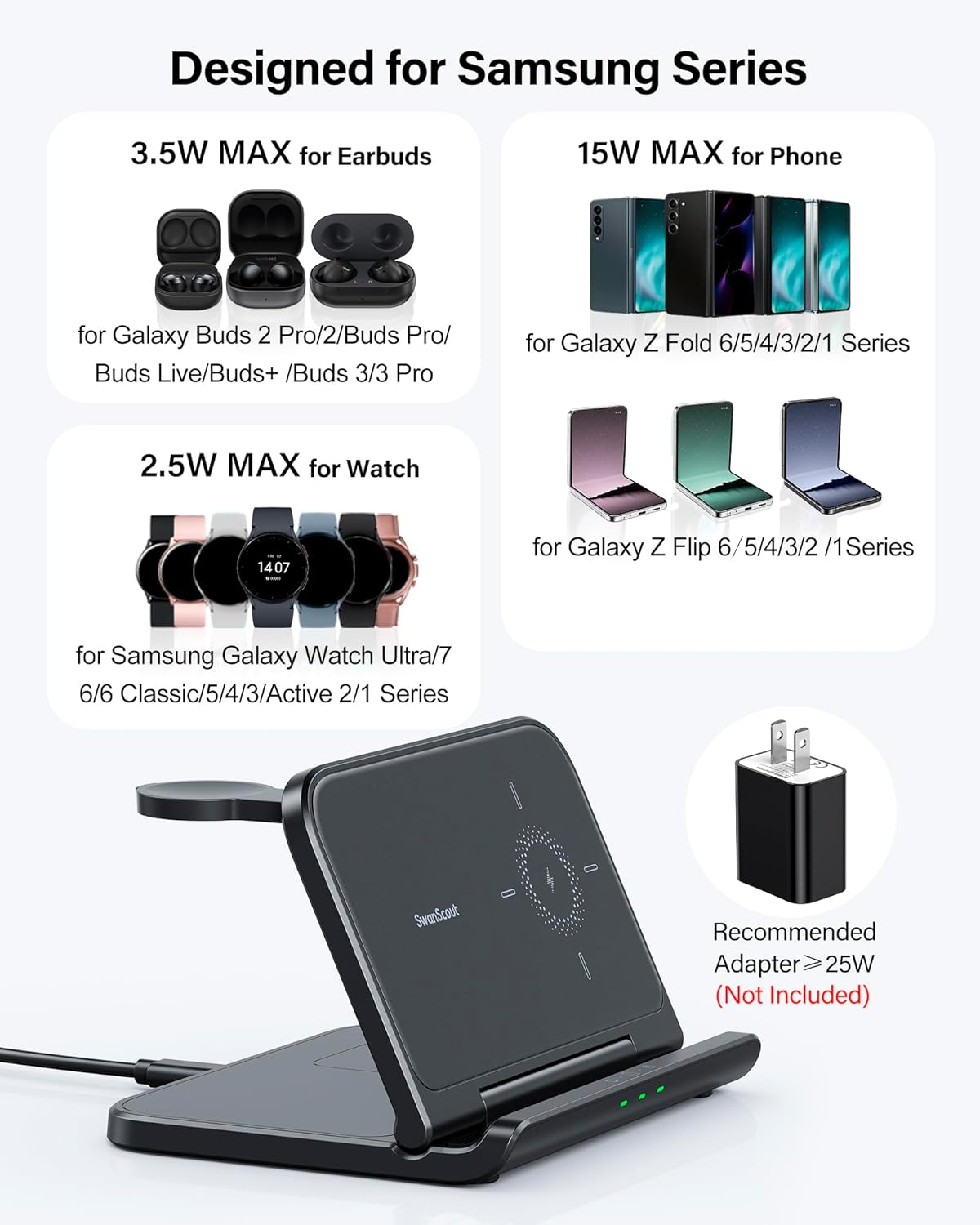 Swanscout Wireless Charger for Samsung Z Fold 7/6/5/Pixel 9 Pro Fold, 3 in 1 Foldable Wireless Charging Station for Samsung Z Fold, Galaxy Watch 7/Ultra/6/5, Galaxy Buds 3, Swanscout 705S image number 4