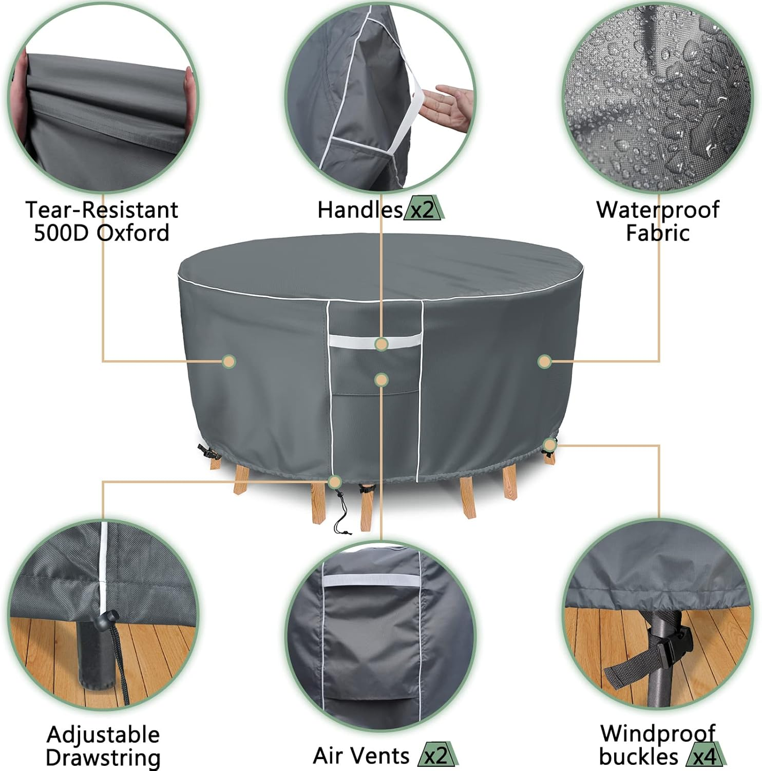 Patio Furniture Covers Waterproof, round Outdoor Furniture Cover, 500D Heavy Duty Patio Table & 6 Chairs Set Cover, All Weather Protection Covers for Outdoor Table Set, 84" Dia X 28" H -Grey image number 4