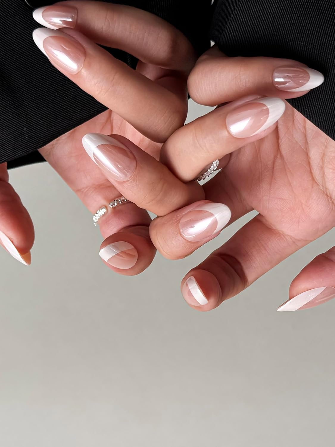 Bianco Sue Press-On Nails | Luxe French Almond False Nails with Modern White Tip Design, Reusable Stick-On Fake Nails with Adhesive Tabs and Glue | Salon-Grade Quality | Transparent Storage Box | 15 Sizes - 30 Nail Kit