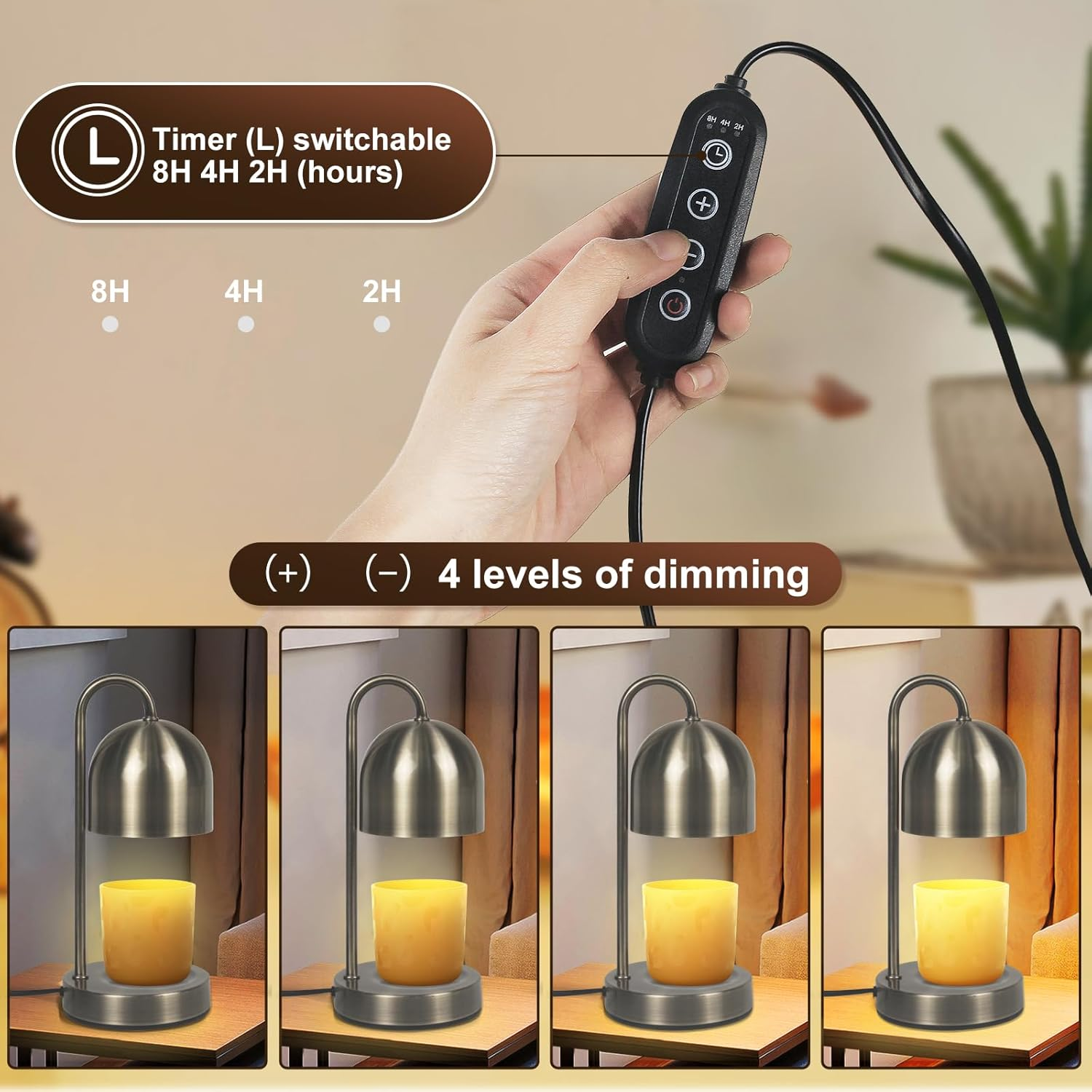Yudoutech Dimmable Candle Warmer Lamp - Copper Metal Candle Wax Warmer with 2 * 50W Bulbs, Timer & Dimmer, Perfect for Bedroom and Living Room Decor image number 3