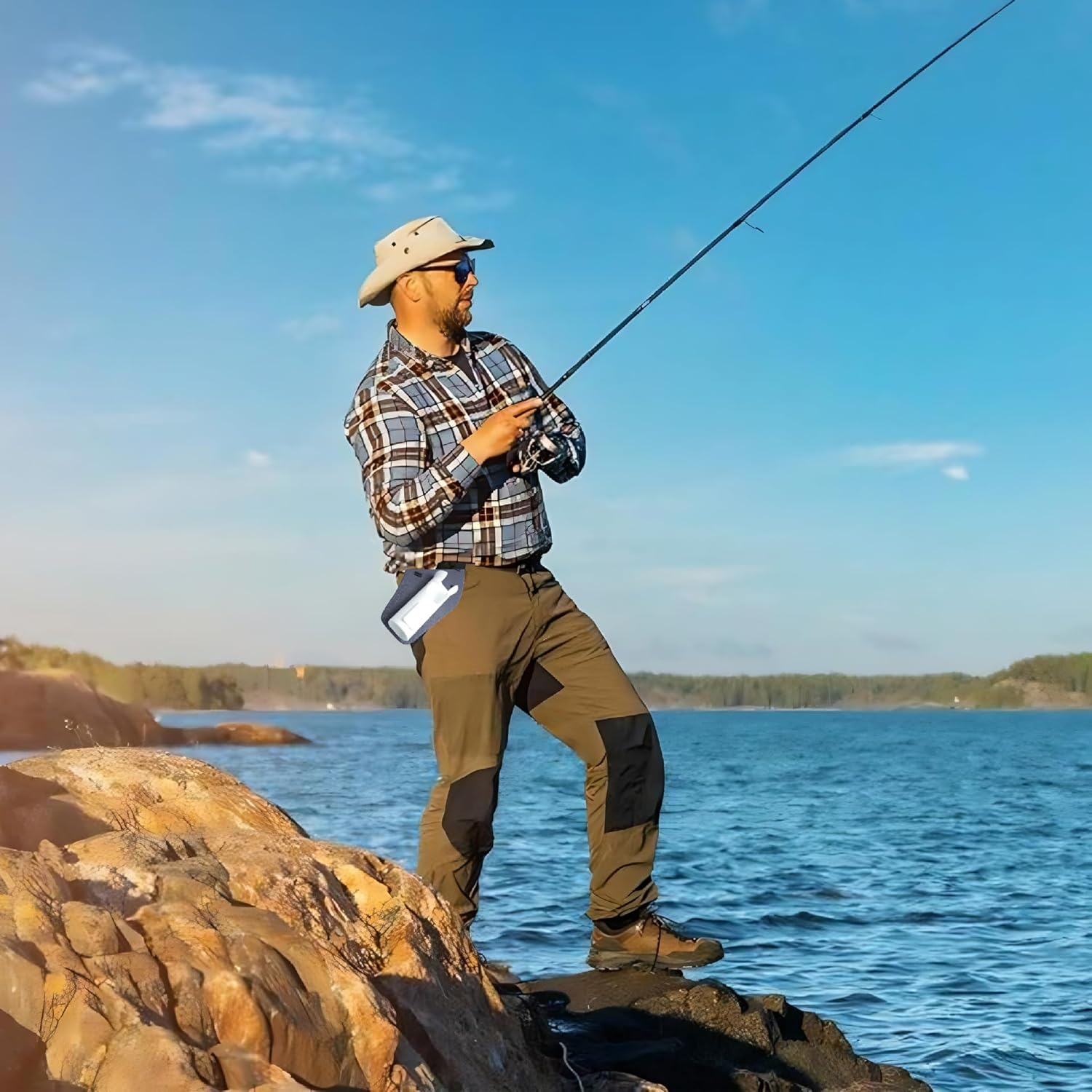 Slide-In Fishing Rod Hip Holster, Hands-Free Rod Holder for Fly & Bank Fishing, Quick Draw Waist Belt Inserte Pole Gear, Durable Adjustable Portable Fish Pole Holster with Stash Pocket (Black) - Black image number 3