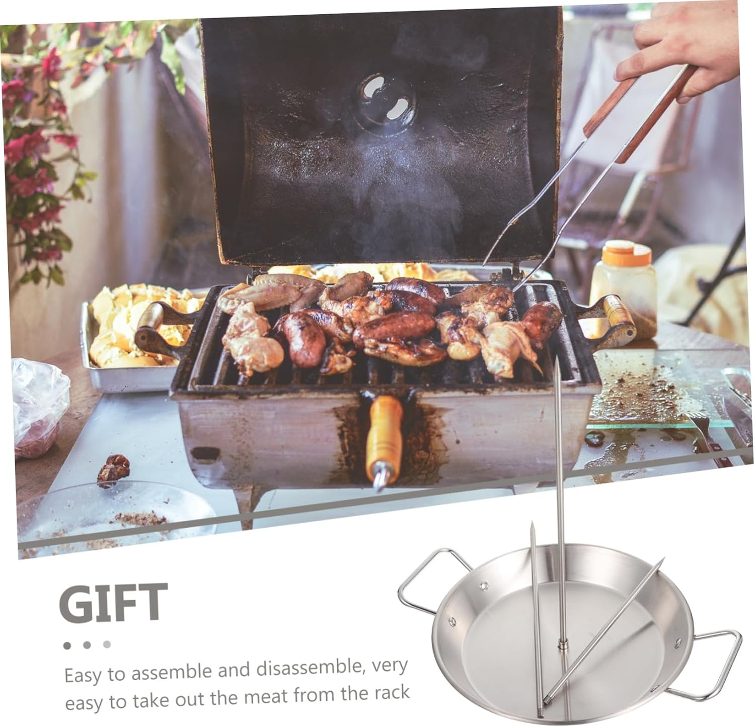 Toddmomy Stainless Steel Chicken Roast Pan with Removable Skewers Vertical Grill Holder for Even Roasting Household BBQ Skewer Rack for Camping and Outdoor Barbecue image number 2