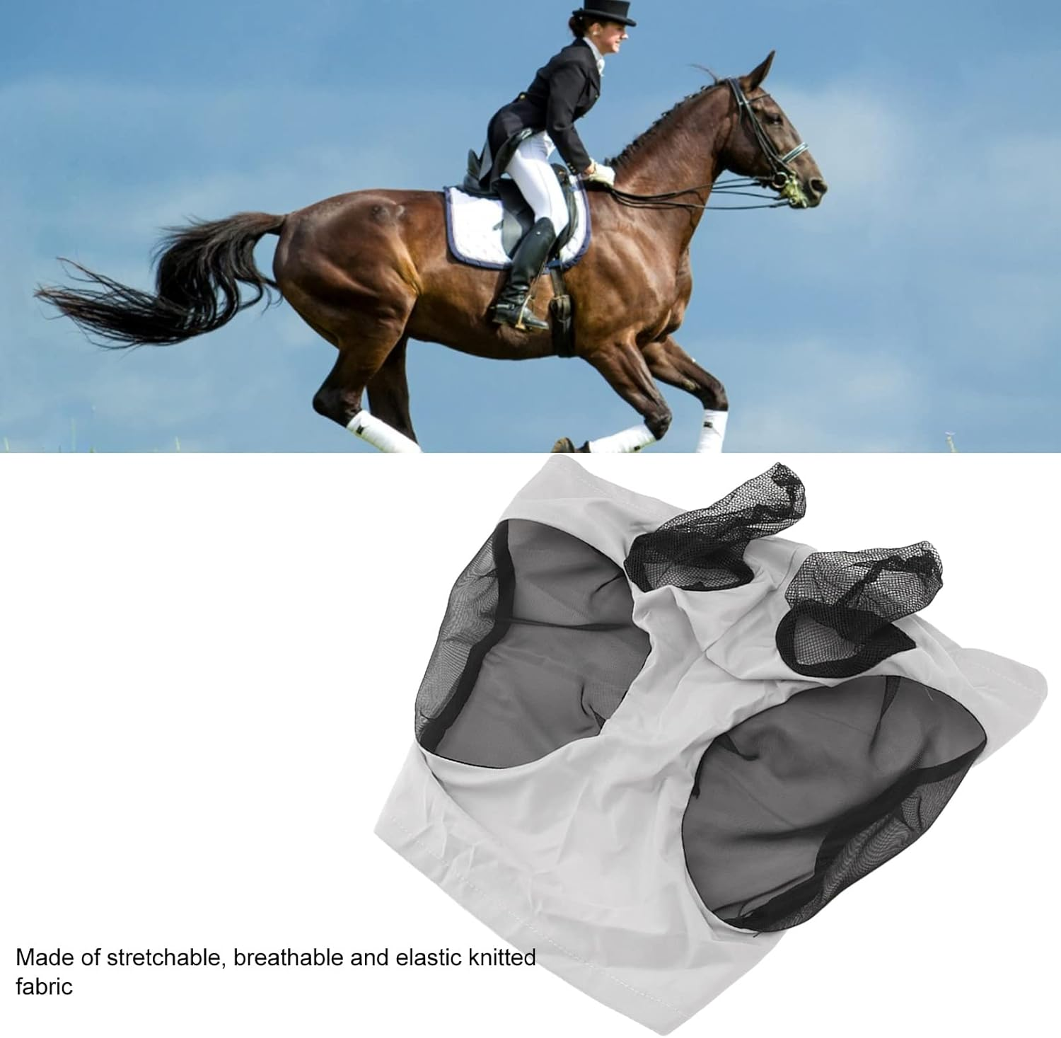 Breathable Horse Mesh Fly Mask with Ears, Elastic Equestrian Face Mask for Horses, Sunlight Protection & Fly Protector (Gray) image number 5