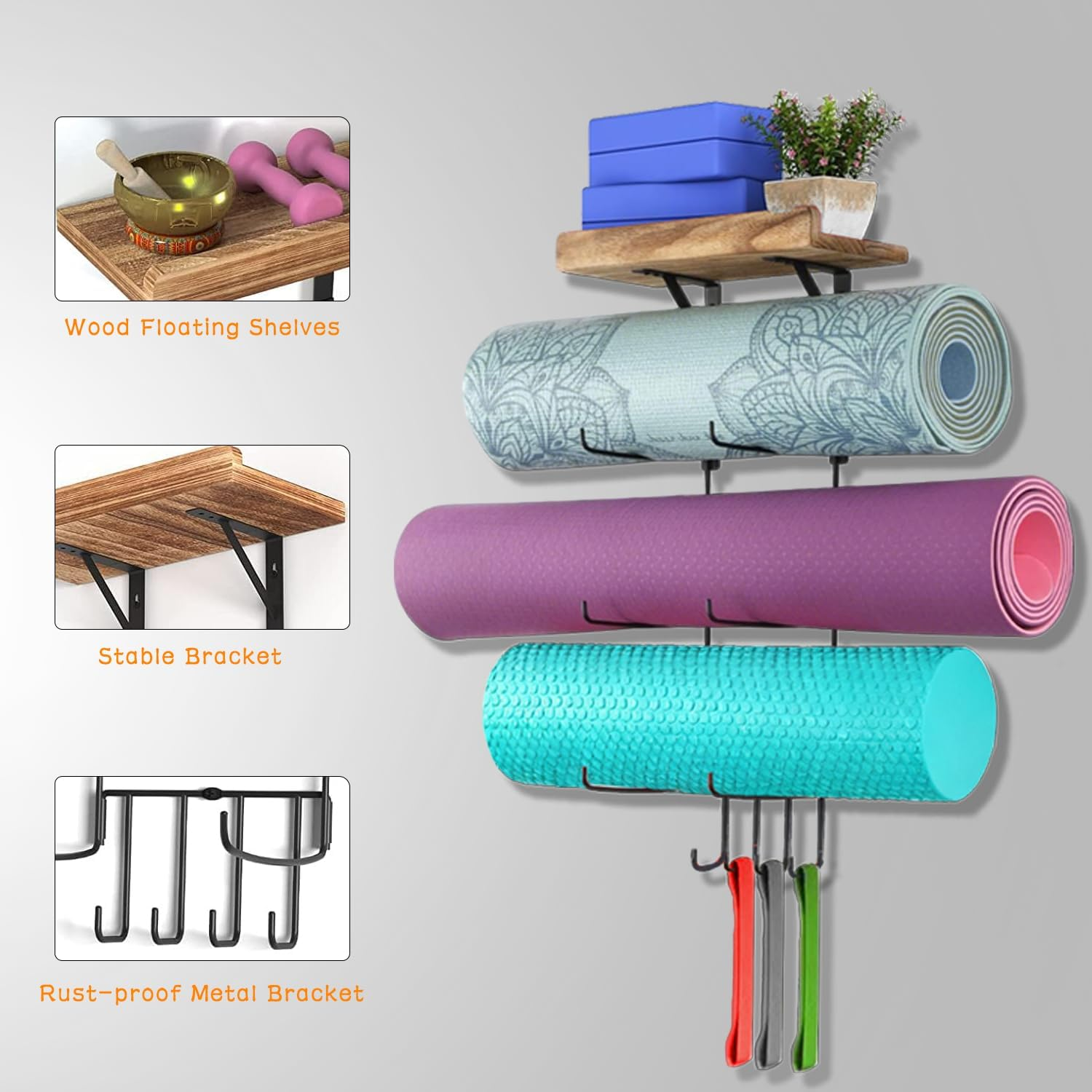 4-Tiers Wall-Mounted Yoga Mat Holder, All-In-One Organizer with Shelf & Hooks for Foam Roller, Resistance Bands | Carbonized Black image number 4