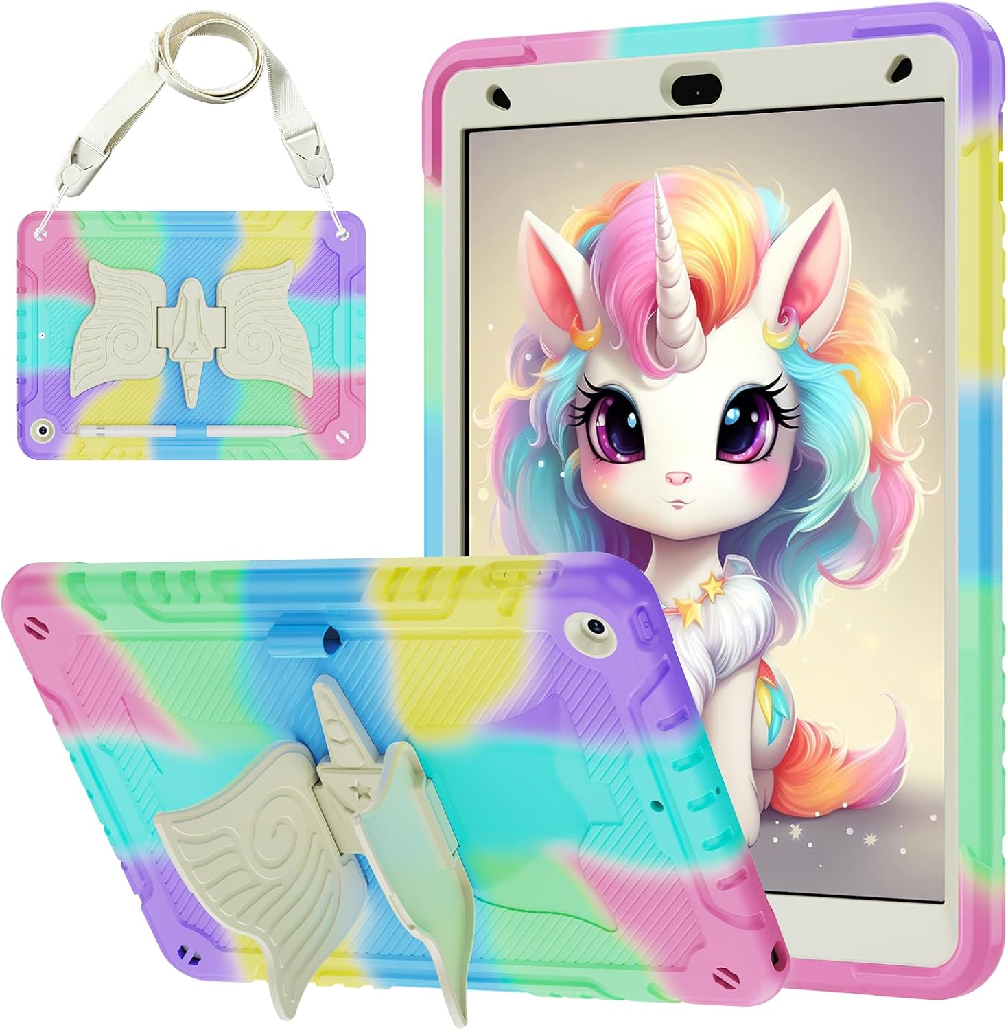 AVAKOT Ipad Air 11 Inch Case 2024 with Butterfly Wings Kickstand Pencil Holder, Ipad Air 6Th Generation 11 Inch Case Kids Girls Heavy Duty Hard Rugged Protective Cover for Ipad A2899/A2900-Rainbow
