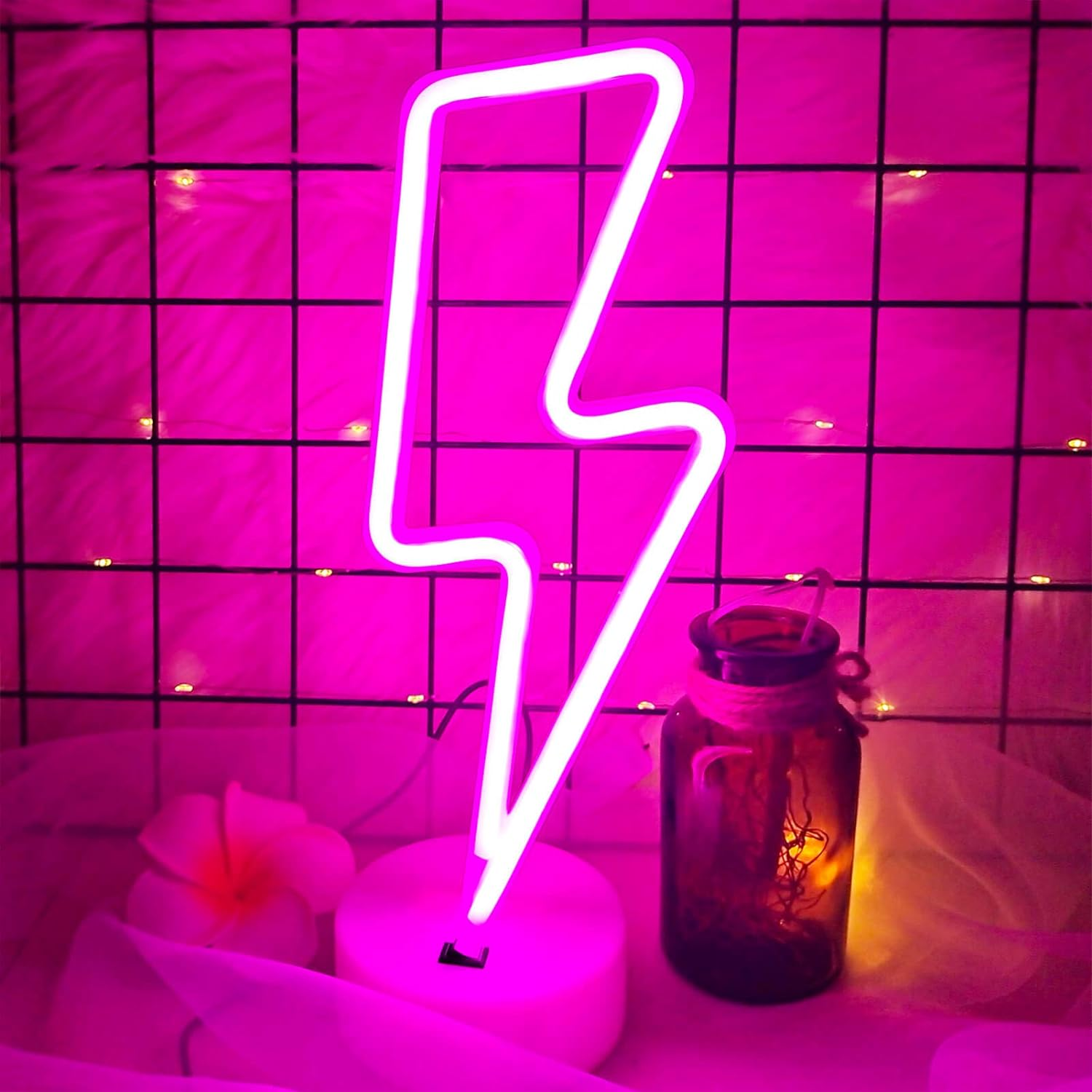 VIFULIN Pink Lightning Bolt Neon Signs Light, Pink Neon Sign Aesthetic Room Decor for Bedroom Aesthetic Battery/Usb Operated Lightning Bolt Light, Gift Idea Kawaii Room Decor LED Light with Base image number 5
