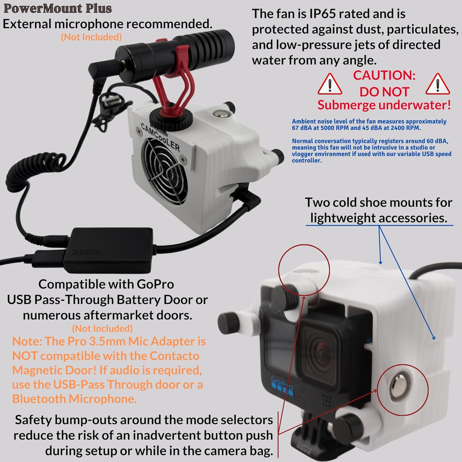 9Thirteen, Cooler Fan/Case. Works with Gopro HERO9, HERO10, HERO11, HERO12, HERO13, Reduce Overheating in Static Environments at Sporting Events,Vlogging (White, Powermount plus &ndash; Variable Speed Fan) image number 4