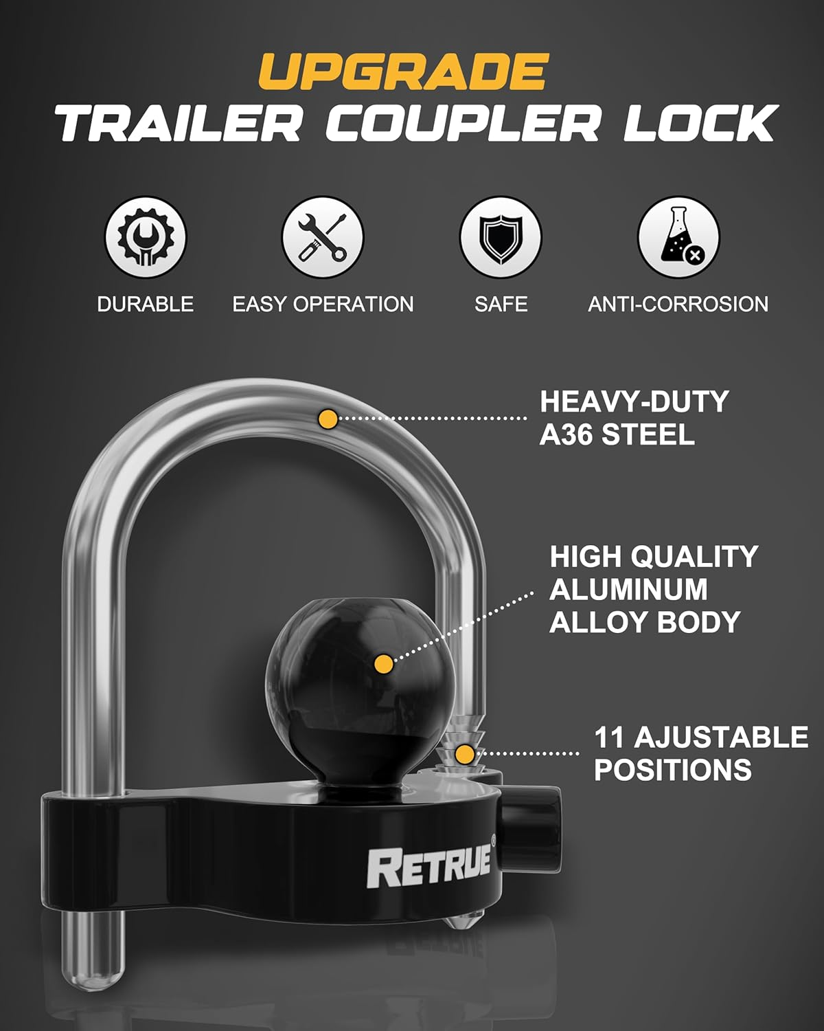 RETRUE Universal Coupler Lock Trailer Locks Ball Hitch Trailer Hitch Lock Adjustable Security Heavy-Duty Steel Fits 1-7/8 Inch, 2 Inch, 2-5/16 Inch Couplers, Black, Lightweight &hellip; image number 6
