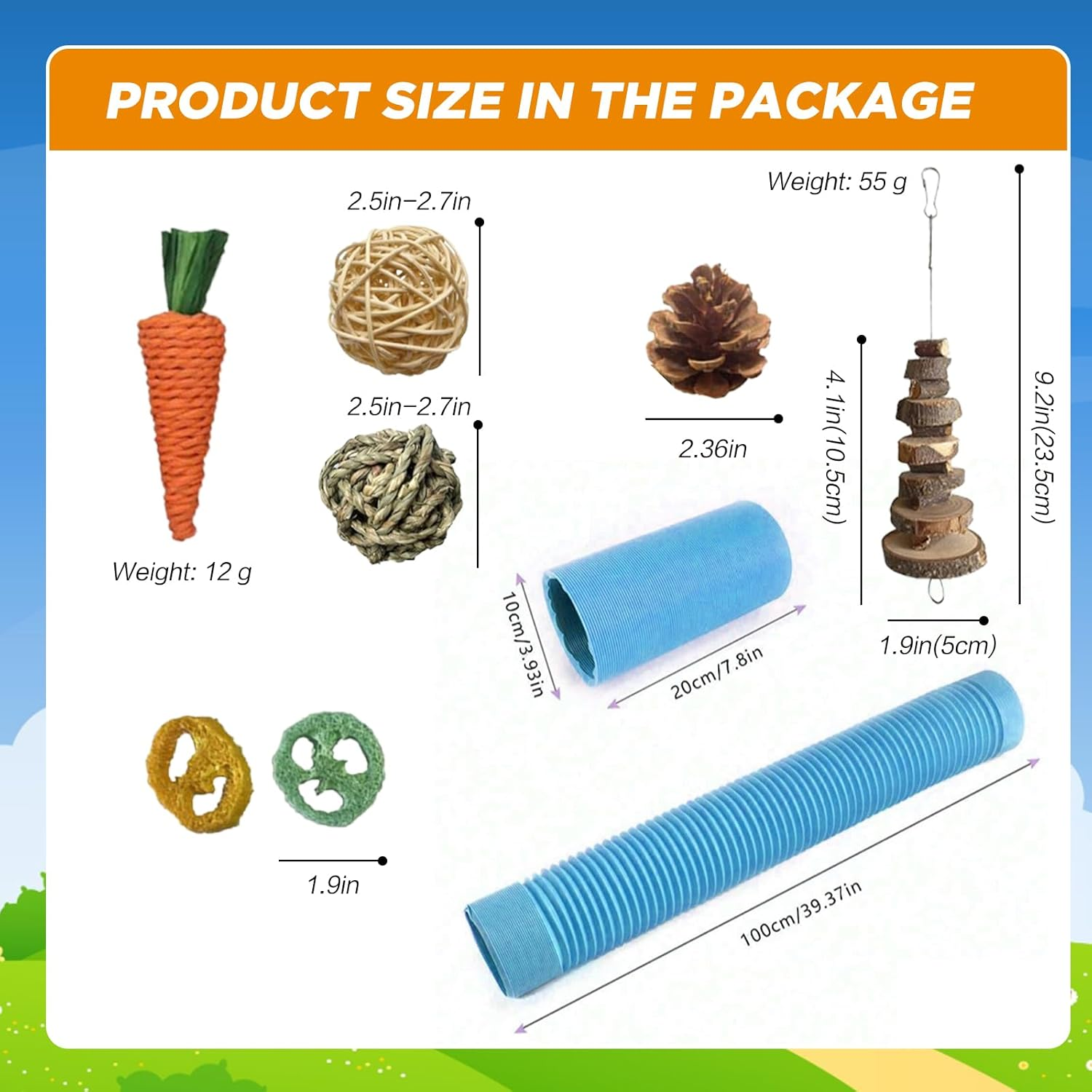 SUSOO 9Pcs Hamster Toys Set with Safe Natural Chew Toys and Extendable Play Tunnel, Rodents Teeth Care for Hedgehog, Rat, Chinchillas,Guinea Pig, Foraging Toy for Small Animal Cage Accessories