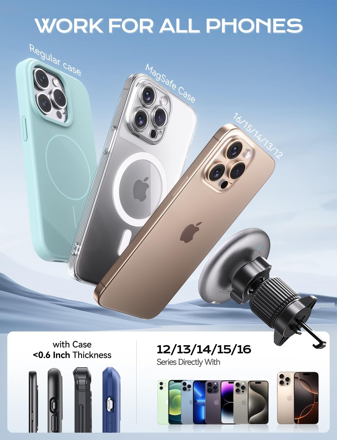 UPTOHIGH for Magsafe Car Mount Charger 15W Fast Charging Wireless Car Charger with Strong Magnetic Adjustable Air Vent Phone Holder Compatible with Iphone 14 13 12 Pro Max Mini plus LED Light(Black) image number 6