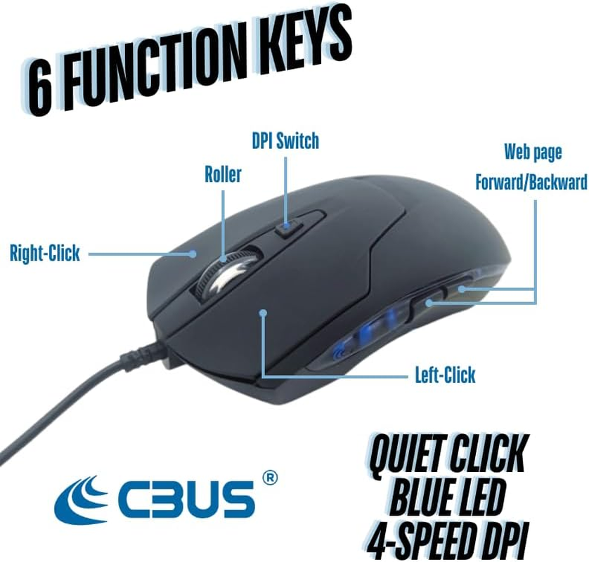 CBUS Wired USB C Mouse, 6-Button Quiet Click Computer Mouse - 4 DPI Speeds, Ergonomic, LED Backlight - Compatible with Mac, Chromebook, HP, DELL XPS, ASUS, Surface, Silent Gaming Mouse Type-C Wired image number 1