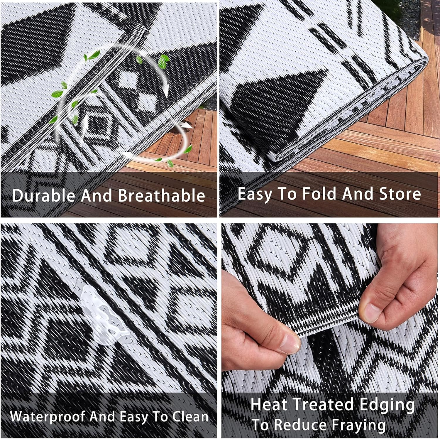 Outdoor Rug Patio Rugs Picnic Rug Waterproof Lightweight Plastic Straw Camping Outdoor Mat 152X244Cm for RV Courtyard Backyard Deck Balcony Garden Porch (Black&White) image number 5