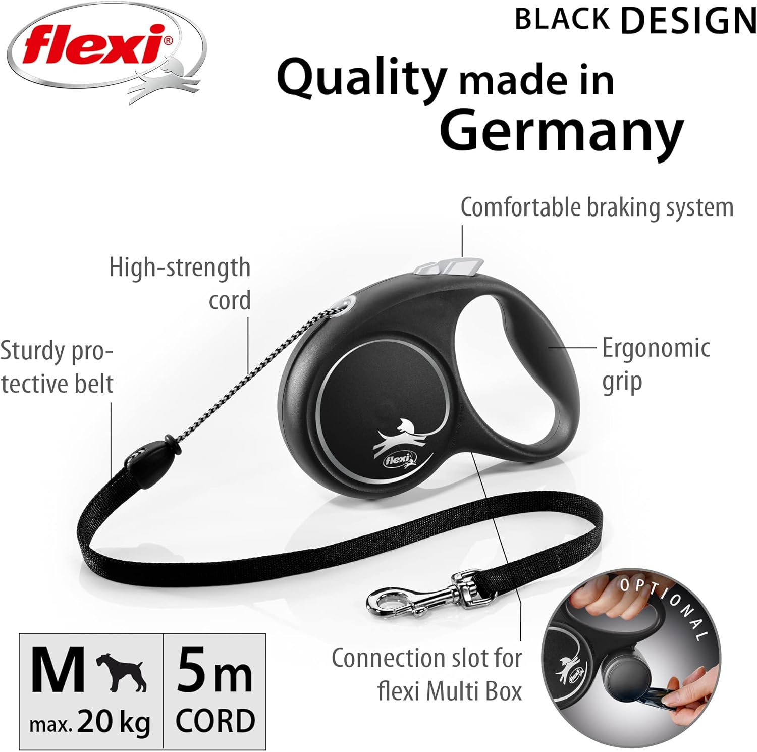 Flexi Black Design Cord Black Medium 5M Retractable Dog Leash/Lead for Dogs up to 20Kgs/44Lbs image number 5