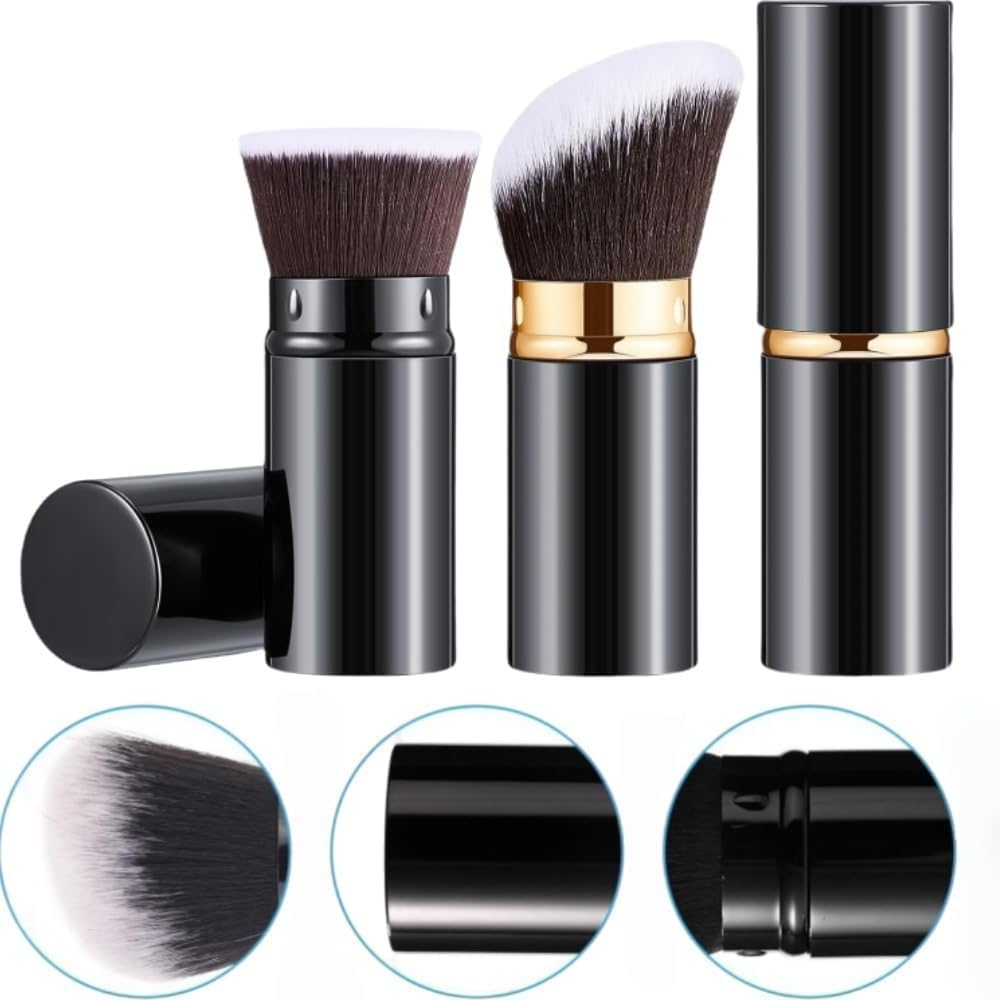 Black Retractable Make-Up Brush, 2Pcs Retractable Kabuki Makeup Brushes with Flat and Oblique Top, Retractable Kabuki Makeup Powder Foundation Makeup Brushes