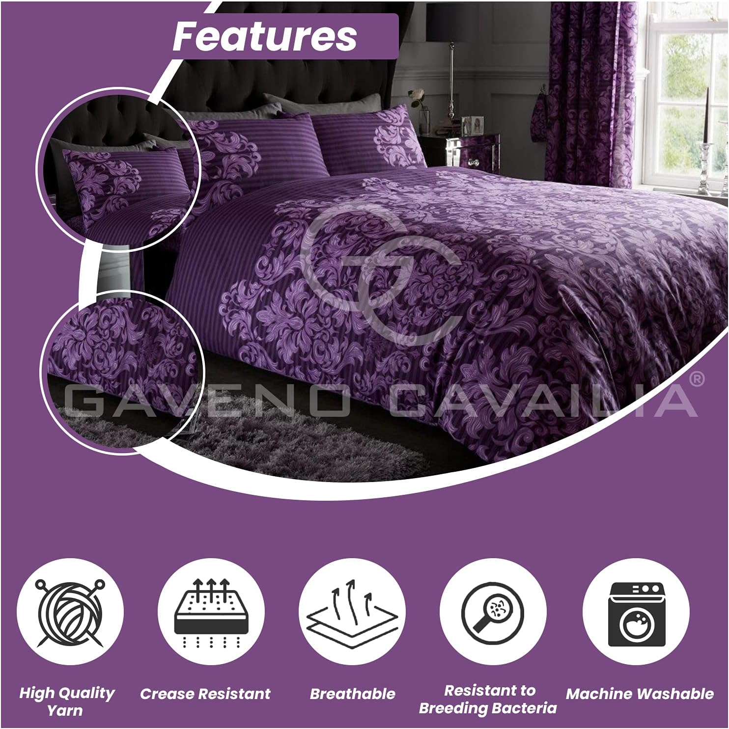 GC GAVENO CAVAILIA Damask Bedding Double Bed Set - Flower Duvet Cover - Comforter Covers with Pillow Cases - Purple image number 4