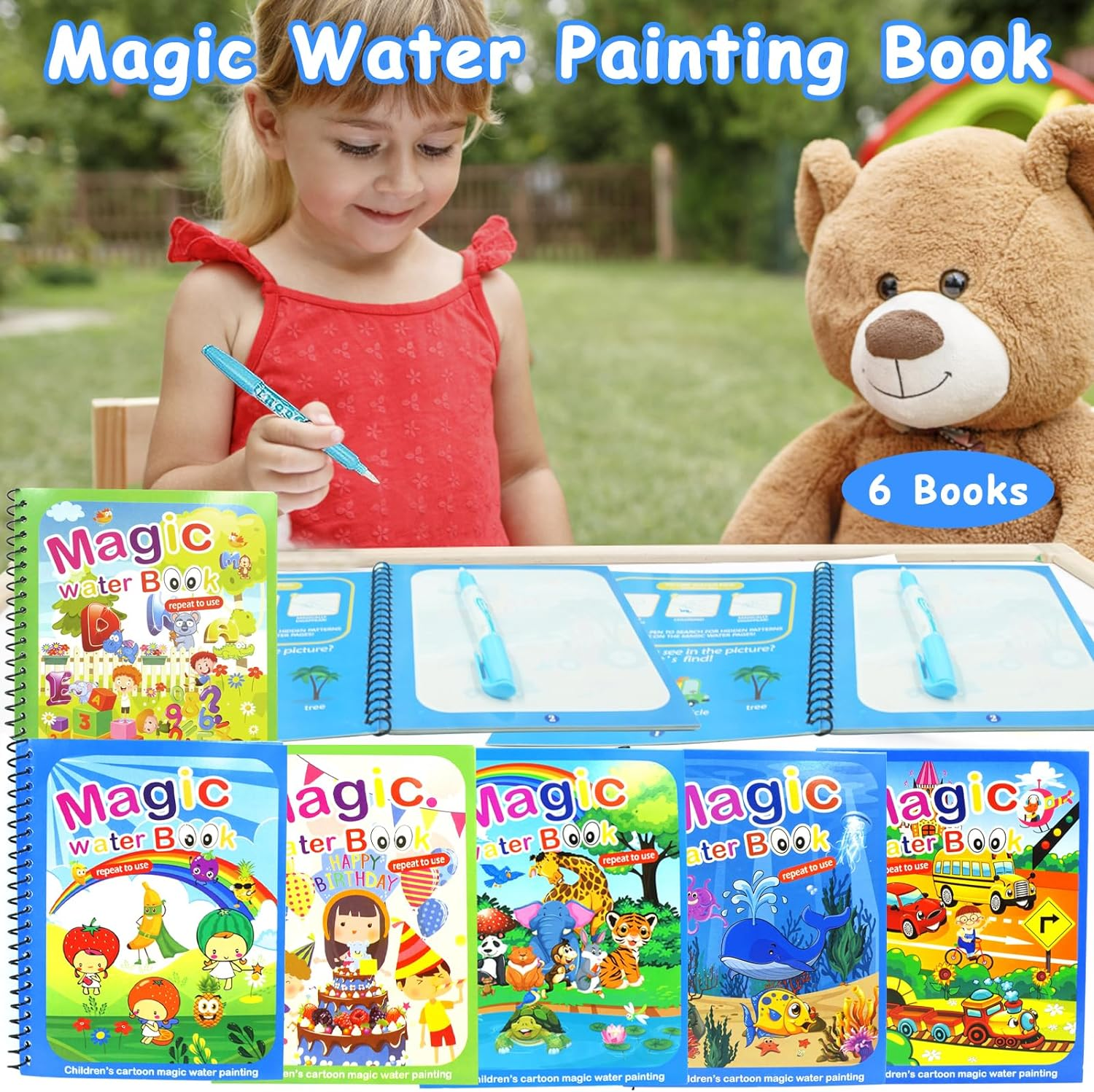 6-Pack Water Coloring Books for Toddlers, Reusable Color with Water Activity Pad, Animal World, under the Sea, Birthday Party, Fruit, Vehicle, Alphanumeric - Coloring Books for Toddlers Ages 3+