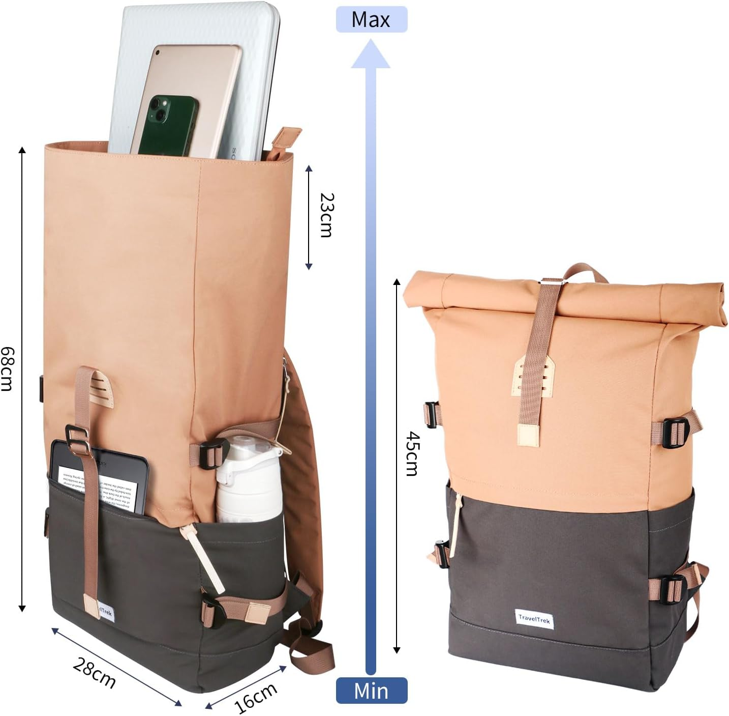 City Cruiser Backpack, 20-29L Capacity, Recycled Polyester, Water Resistant, Rolltop Closure, 16" Laptop Compartment, Apricot Charcoal Mist/Stormcloud Grey image number 2