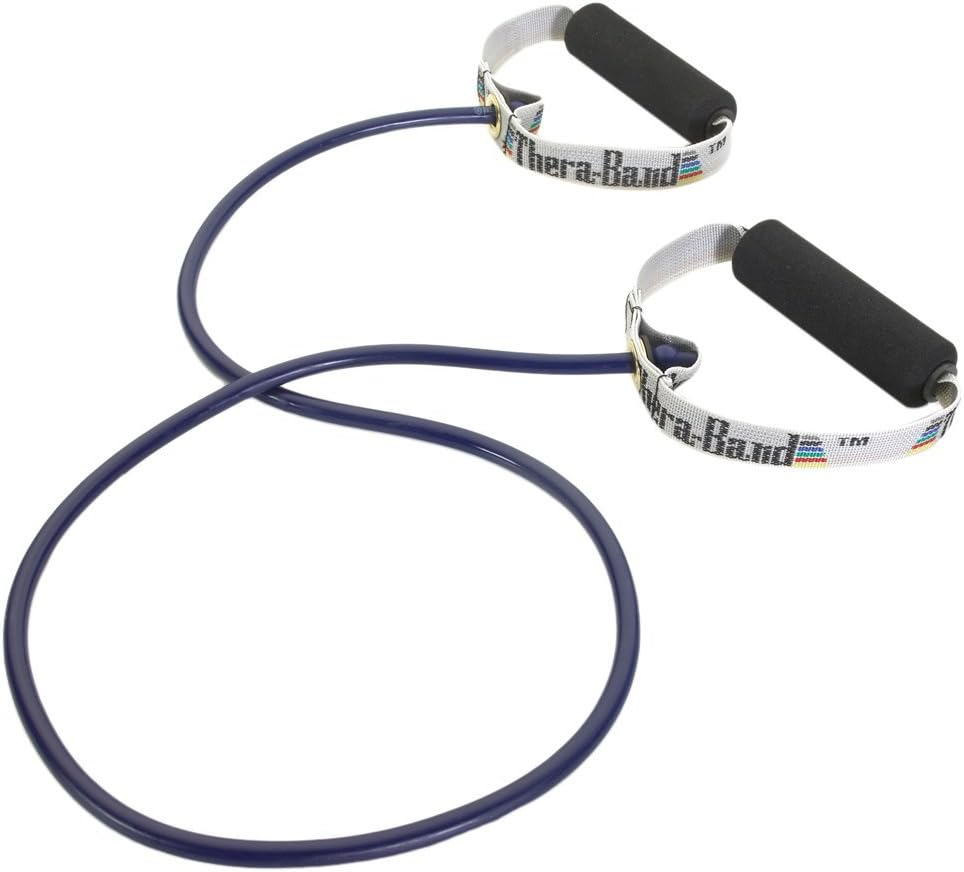 Theraband Professional Latex Resistance Tubes with Handles for Physical Therapy, Lower Pilates, At-Home Workouts, and Rehab, Soft Handles, 48 Inch, Blue, Extra Heavy, Intermediate Level 2