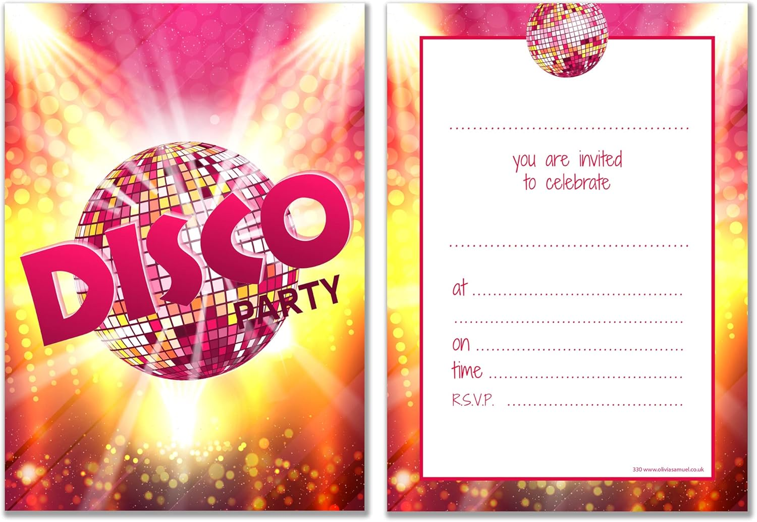 Olivia Samuel 20 X Disco Party Invites from A6 Double Sided Cards with Envelopes image number 1