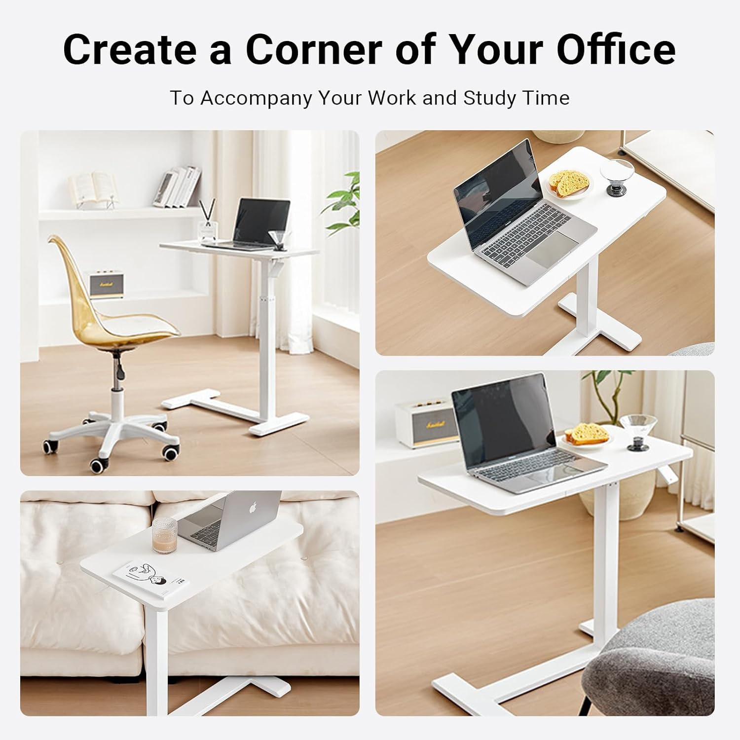 Xmart Adjustable Overbed Table with Wheels, Pneumatic Height Adjustable Mobile Desk, Bed Bedside Table for Laptop, Home, Office, Medical Use - White (36&times;68Cm) image number 6