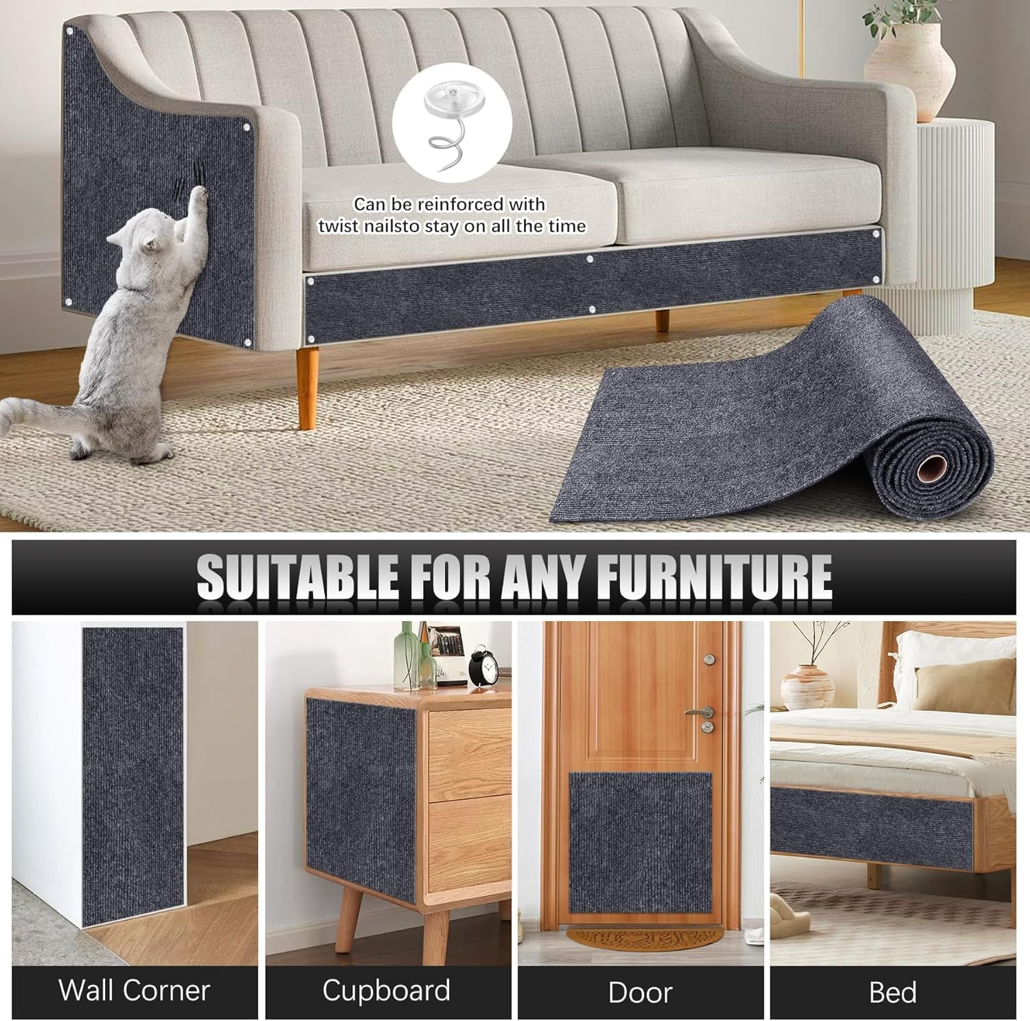 2PCS 39.4"X15.8" Self-Adhesive Cat Scratch Mat,Cat Furniture Protector for Sofa,Couch, Wall,Cat Tree, Trimmable DIY Cat Scratcher Pads, Anti-Scratch Cover for Cat Tower Replacement