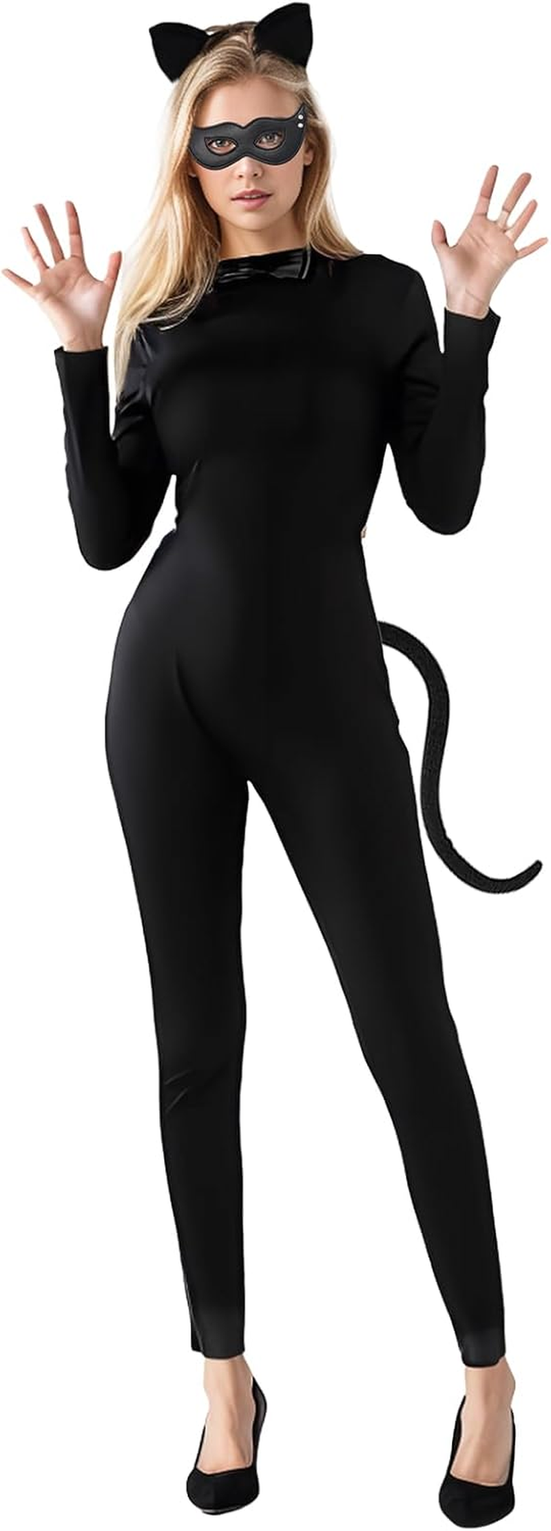 Joyesplay Catwoman Costume for Women,Black Catsuit Jumpsuit,6Pc Catwoman Halloween Costume Set with Black Mask,Headband,Bow Tie,Tail,Gloves, Anime Cosplay Accessories image number 4