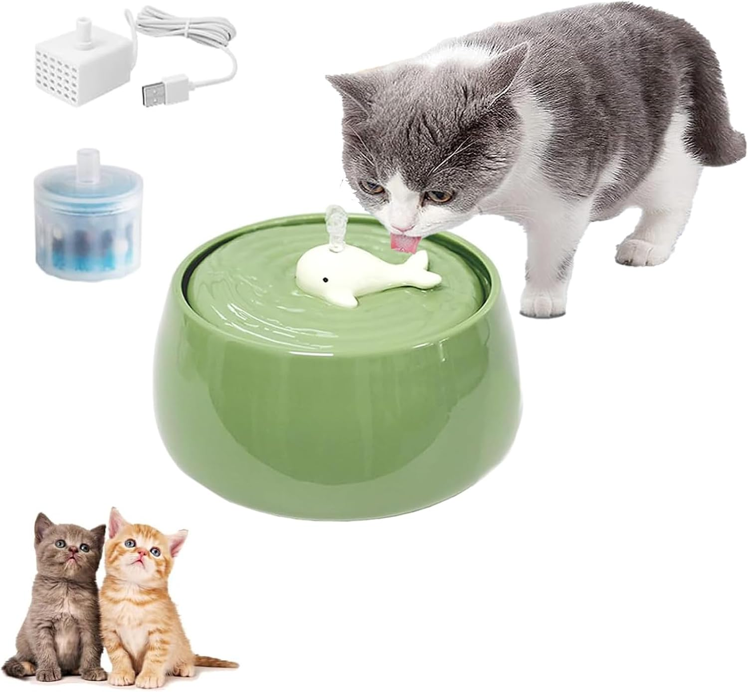 Ceramic Cat Water Fountain, 45Oz/1.3L Ultra-Silent Automatic Pet Drinking Water Dispenser for Cats Indoor with Adjustable Water Flow, Activated Carbon Filter, Perfect for Small Kitten Dogs (Green) image number 4