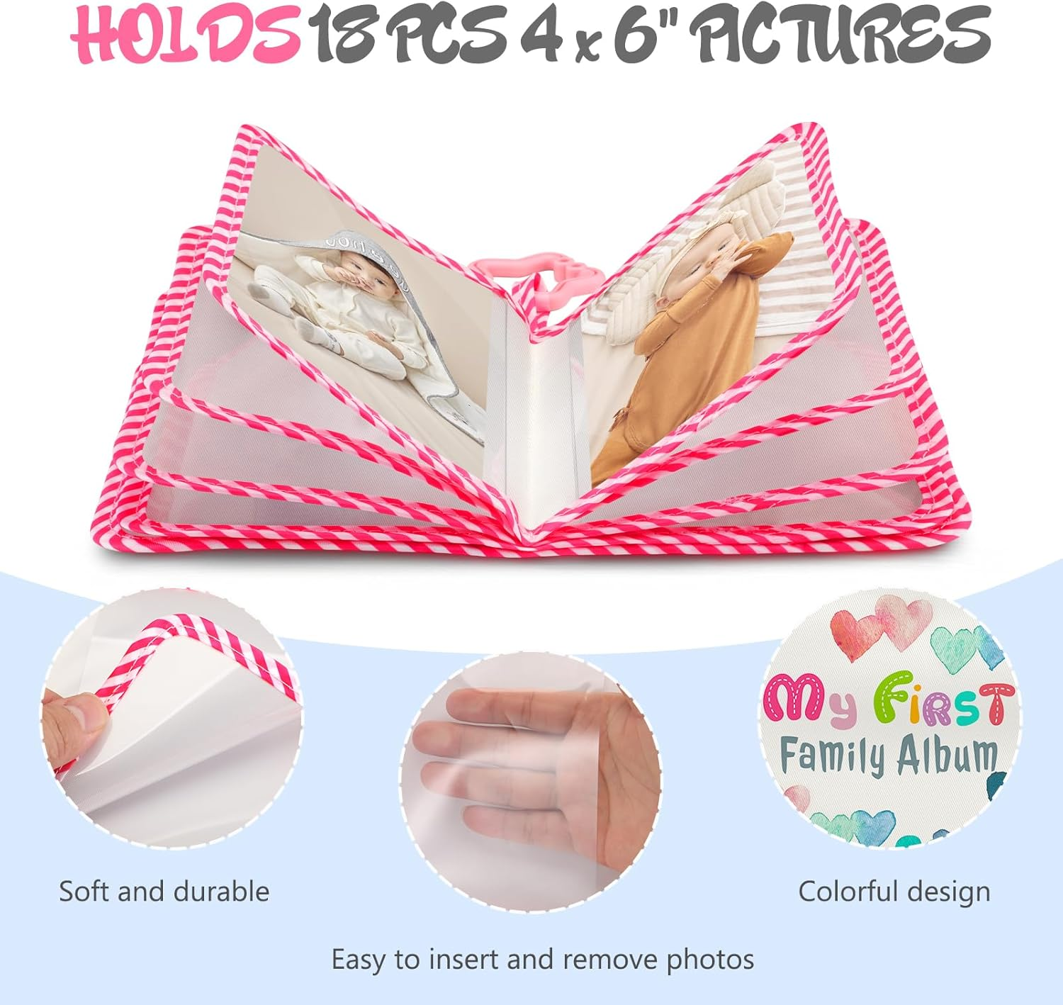 Fintie Baby Photo Album 4X6 Inch, 18 Photos My First Family Album Book with Soft Cloth Cover & Hook for Newborn/Toddlers/Kids/Baby Shower Memory Birthday Gifts, Raining Hearts image number 1