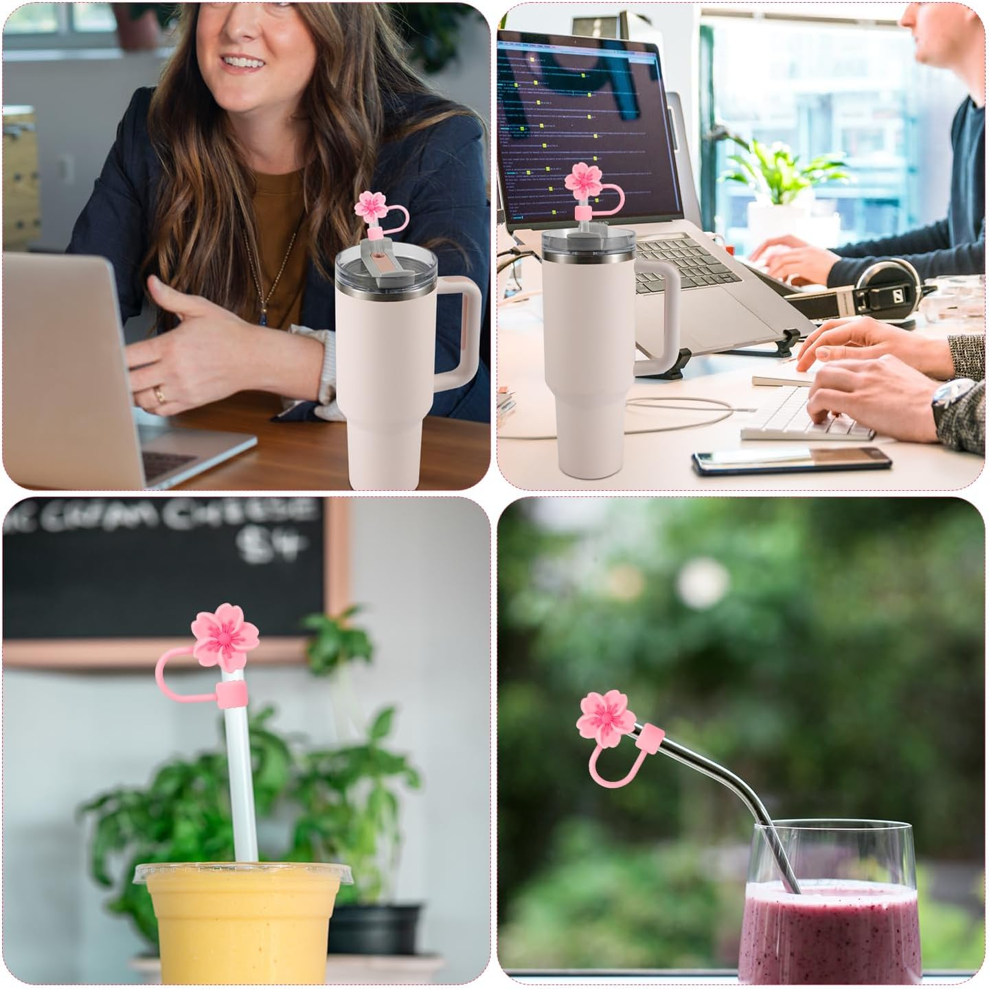 6Pcs 10Mm/0.4" Flower Straw Tip Topper for Stanley Sippy Cup, Pink Cherry Blossom Silicone Lid Cover Cap Reusable Seal Straw Plug Dust Proof Cute Straw Protector Accessories for 30 & 40 Oz Tumbler image number 6