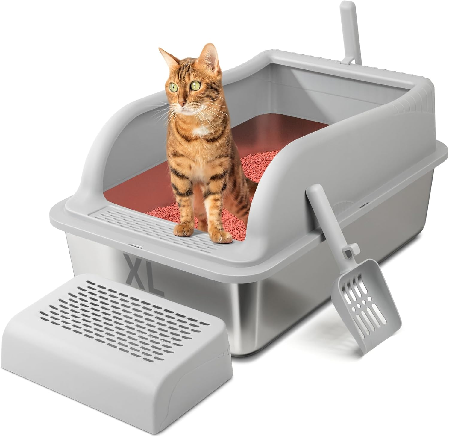 Gazingme Stainless Steel Cat Litter Box with Lid, 23.5" L X 15.5" W X11.8 H for Big Cats, Easy-To-Clean and Non-Sticky Extra Large Cat Little Tray, High Sides Enclosed Design for Anti-Urine Leakage image number 2