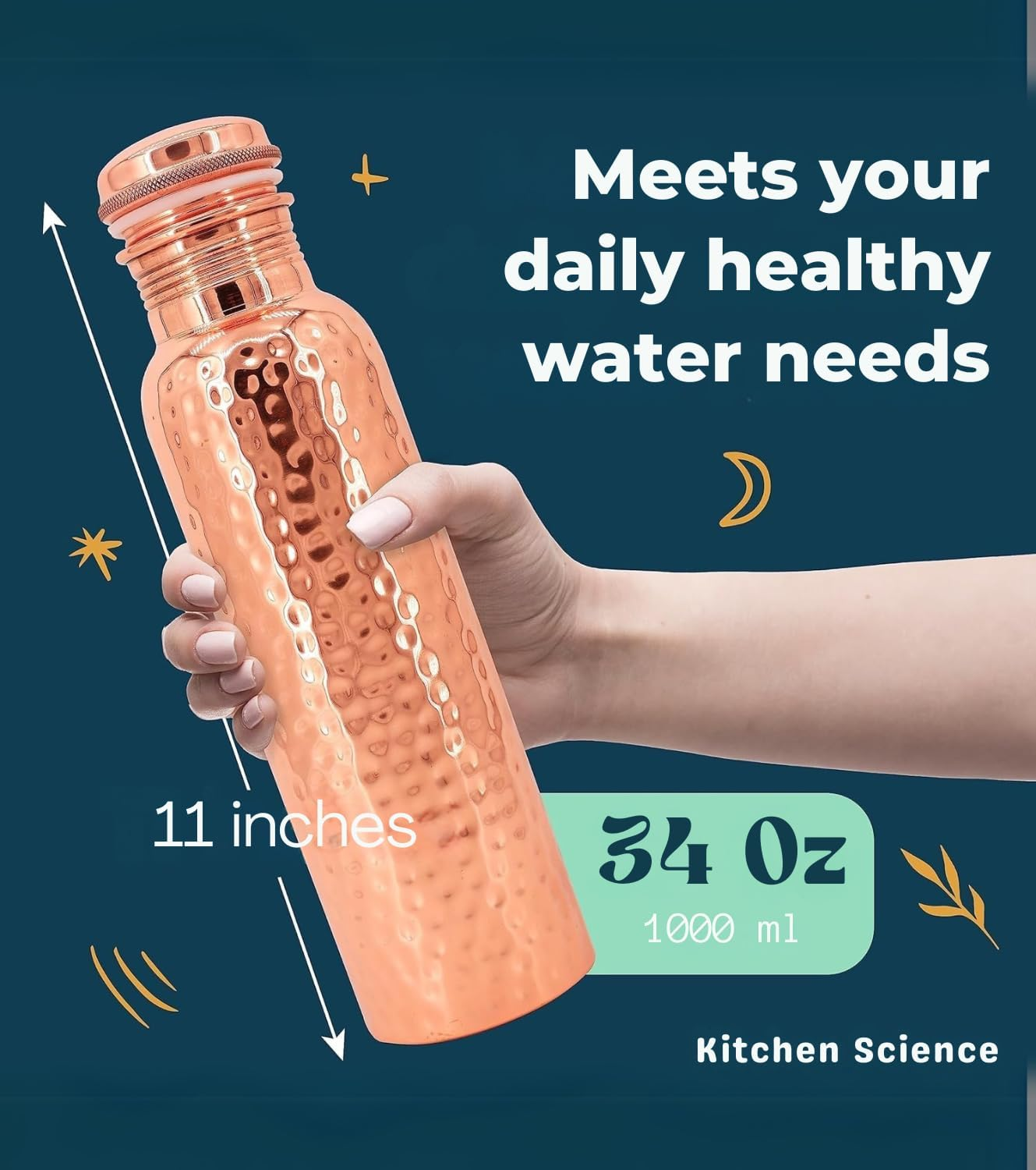 Kitchen Science Copper Water Bottle (32Oz/950Ml) W/A Carrying Canvas Bag | 100% Pure Copper Bottle for Drinking Water | Lab-Tested, Heavy Duty & Leak-Proof | Authentic Ayurvedic Copper Water Bottle image number 3