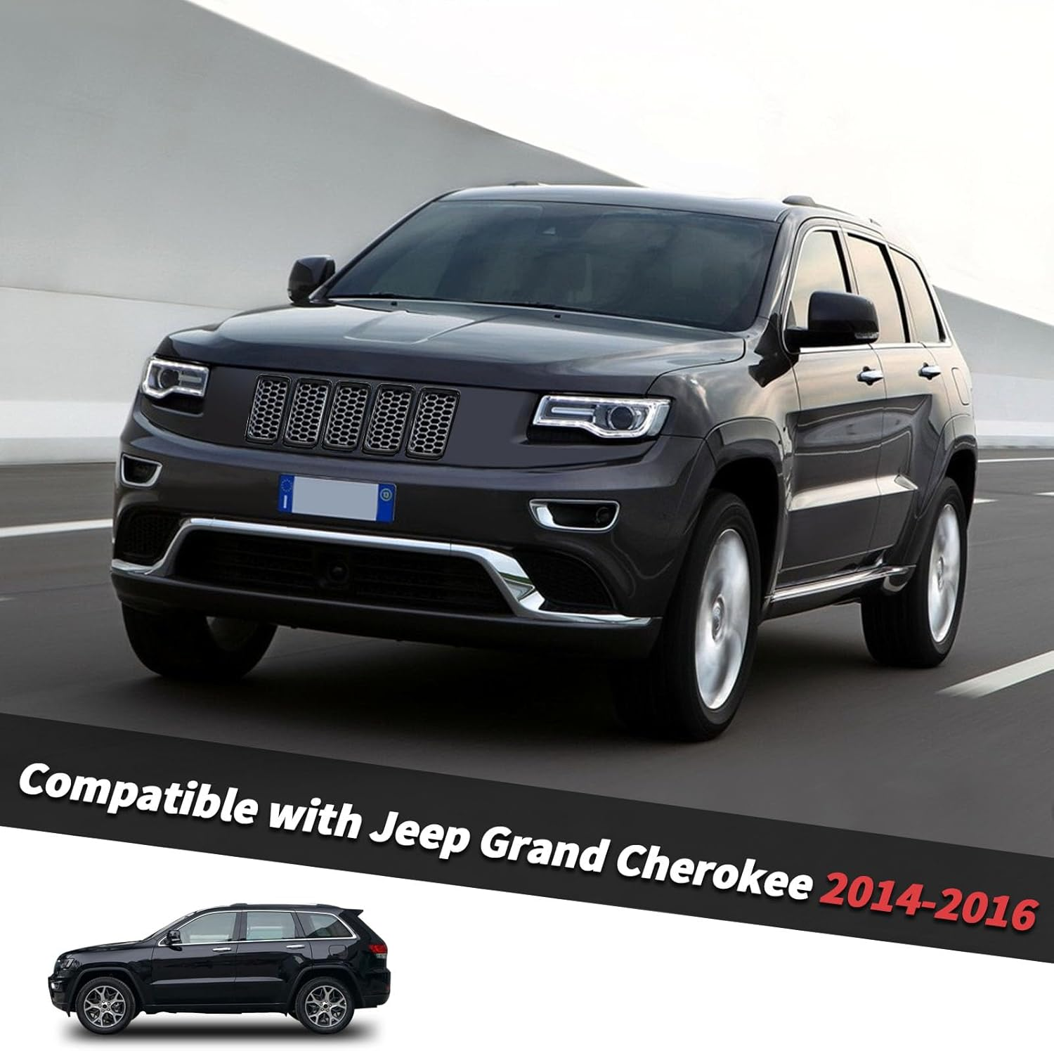 Jimen Compatible with Jeep Grand Cherokee 2014-2016, 7PCS Front Grill Inserts Grille Ring Cover Trim Kit (Black) image number 1