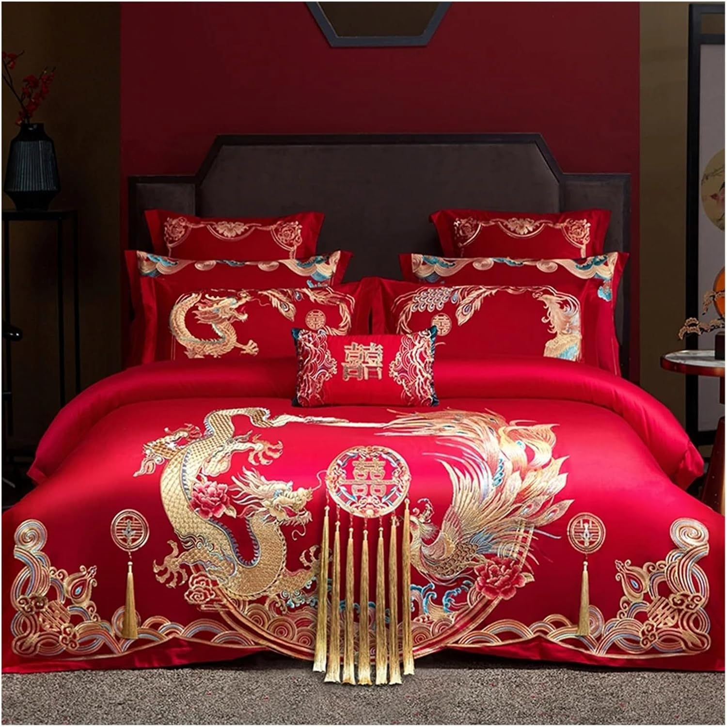 Chinese Wedding Luxury Bedding Set Gold Tassels Loong Phoenix Embroidery Red Duvet Cover Bed Sheet Pillowcases Home Textile,Bedding(Phoenix Dancing,Queen Size 8Pcs)