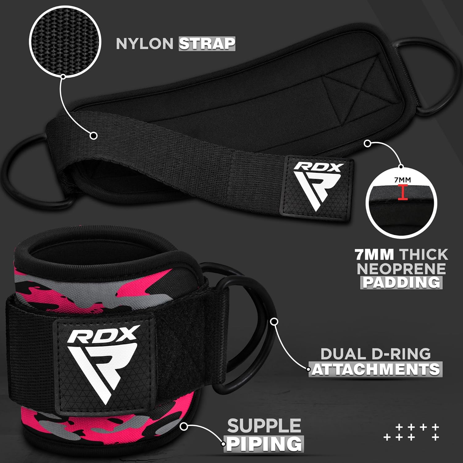RDX Fu&szlig;schlaufen Kabelzug Gepolstert, 7MM Neoprenst&uuml;tze 10&rdquo;X4&rdquo;, Ankle Straps, Handgelenk Wickelt Mit 2 D-Ring F&uuml;r Cable Machine Fitness Training Fu&szlig;manschetten Gym Ges&auml;&szlig; Beintraining, Frauen M&auml;nner image number 3