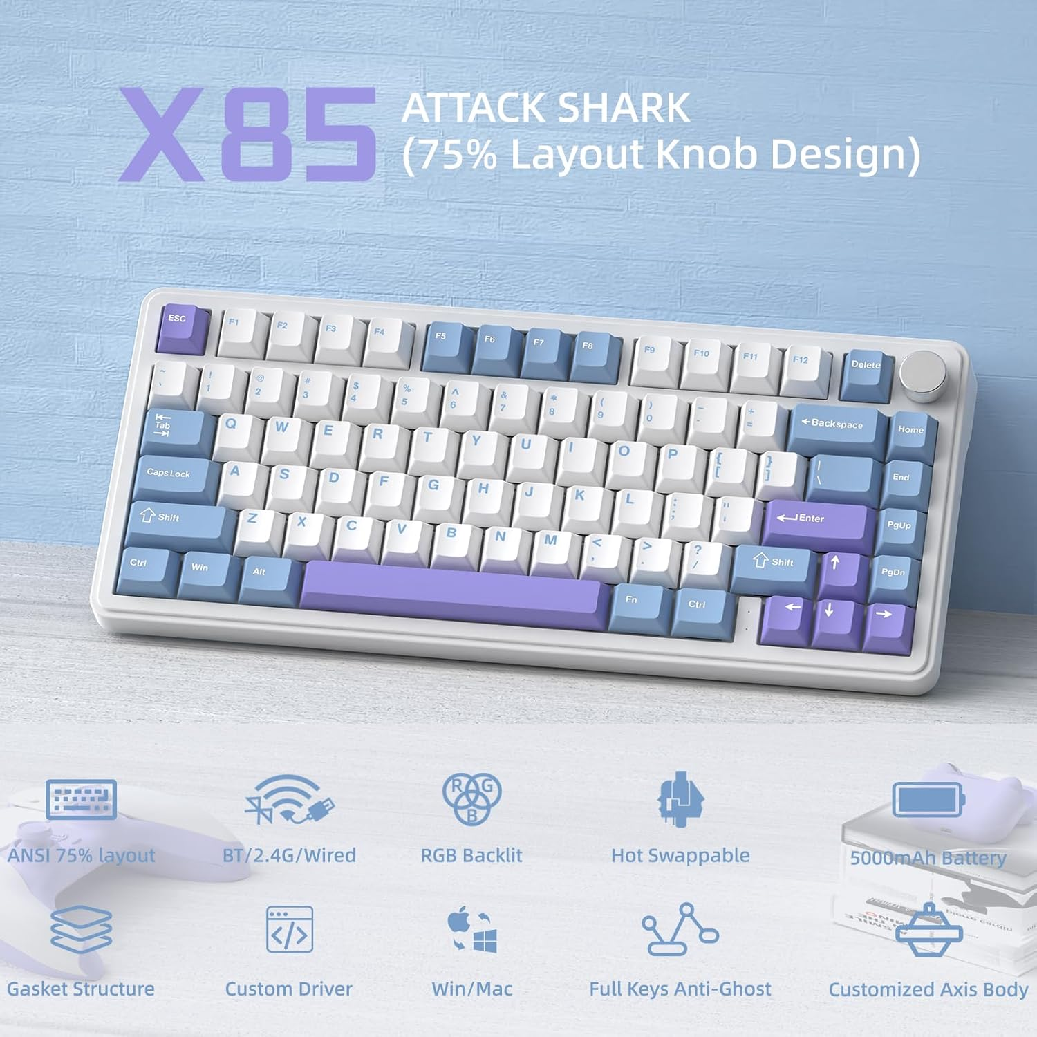 ATTACK SHARK X85 Gasket Mechanical Keyboard with Knob,75% Tri-Mode(Bt5.0/2.4G/Usb-C) Wireless Gaming Keyboard &Five-Layer Padding, Rgb,5000Mah,Hot-Swappable, PBT Keycaps for Win/Mac(Blue White) image number 1