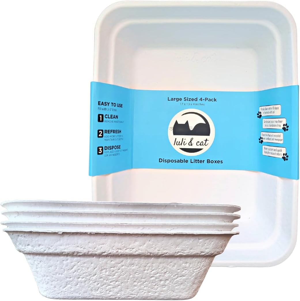 Luli & Cat Disposable Litter Boxes for Cats | Large Sized Black Colored 4-Pack | Durable and Water Resistant
